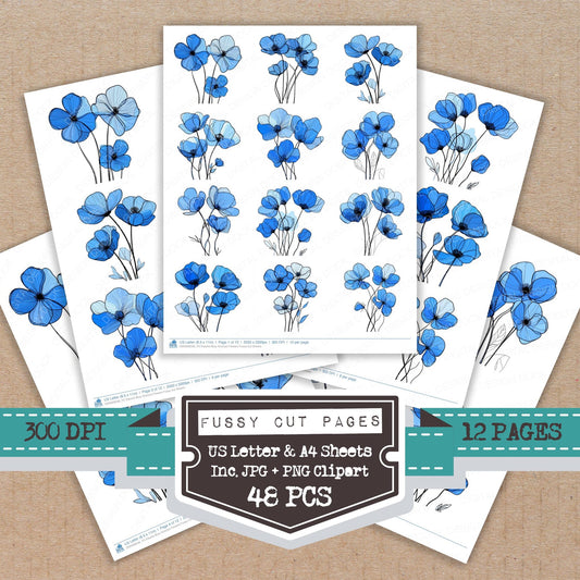 Electric Blue Abstract Flowers fussy cut printable sheets for junk journaling, scrapbooking, and paper craft projects