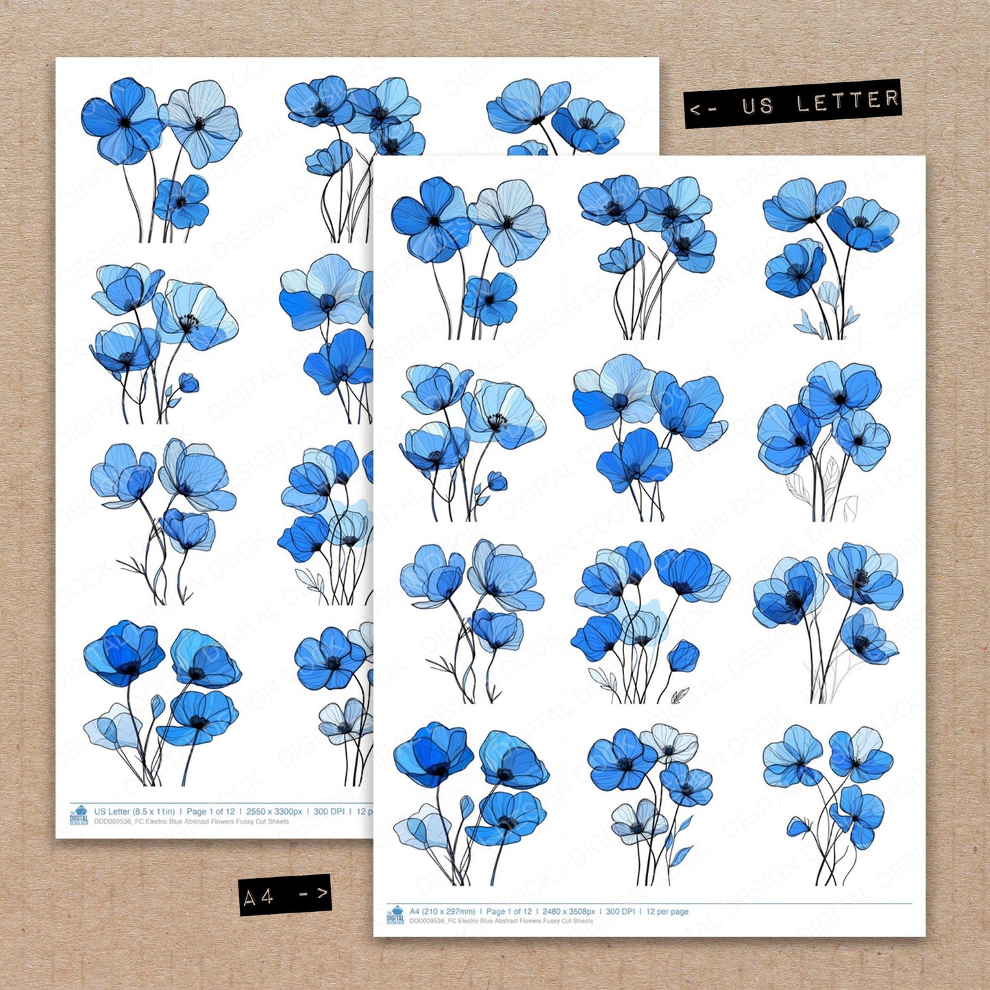 A4 and US Letter format comparison showing Electric Blue Abstract Flowers fussy cut pages for print and cut crafting