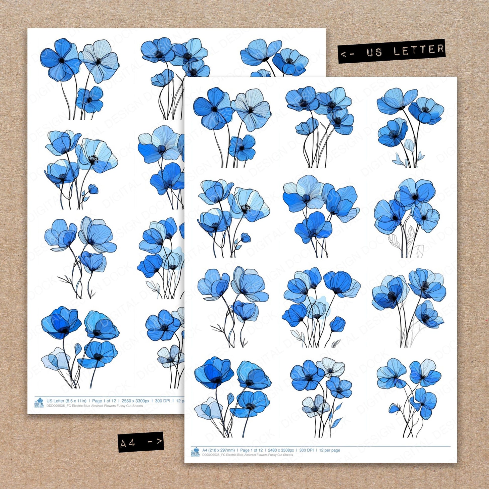 A4 and US Letter format comparison showing Electric Blue Abstract Flowers fussy cut pages for print and cut crafting