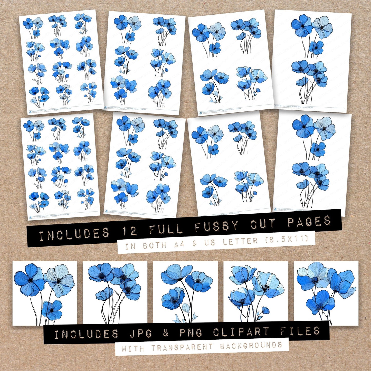 Full collection view of Electric Blue Abstract Flowers fussy cut sheets with bonus clipart JPG and PNG files