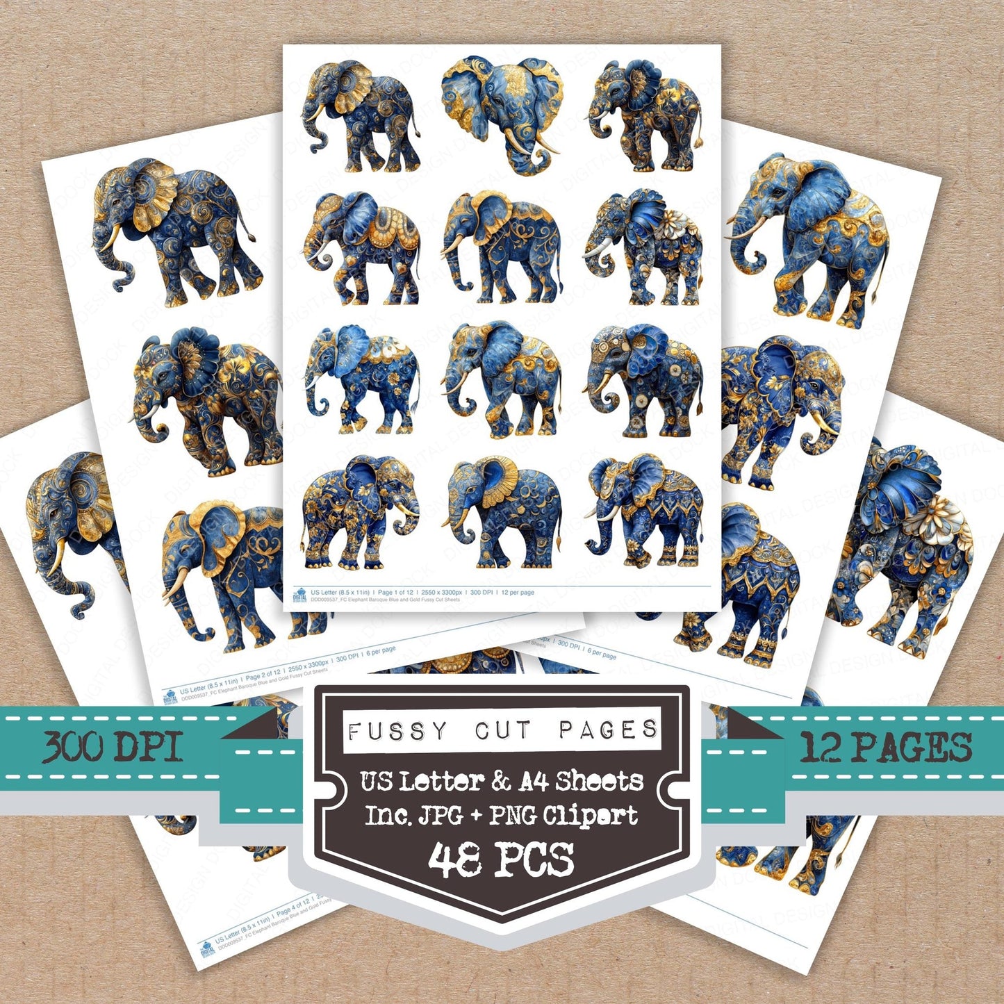 Elephant Baroque Blue and Gold Fussy Cut Sheets (DDD009537)