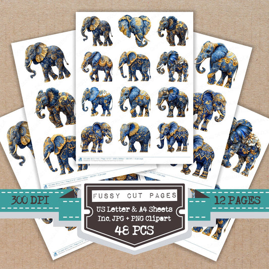 Elephant Baroque Blue and Gold Fussy Cut Sheets (DDD009537)