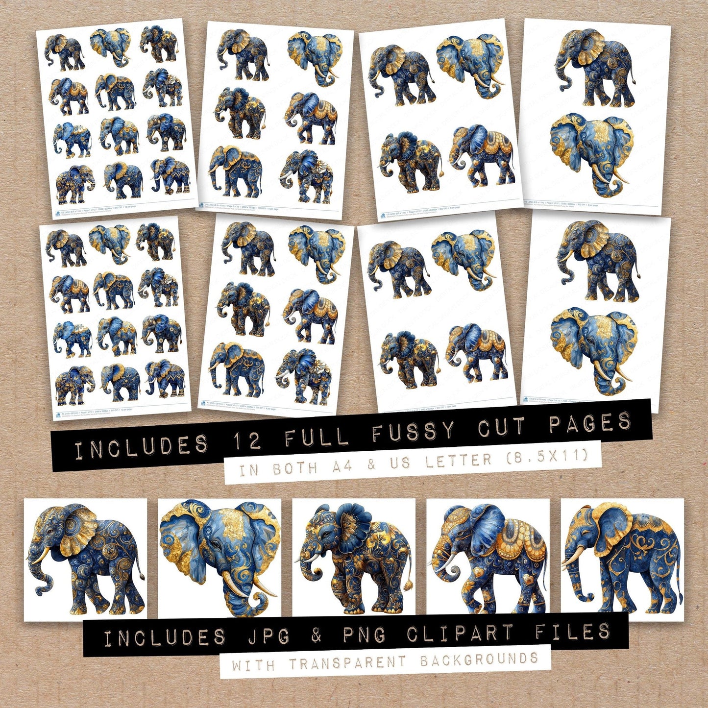Elephant Baroque Blue and Gold Fussy Cut Sheets (DDD009537)