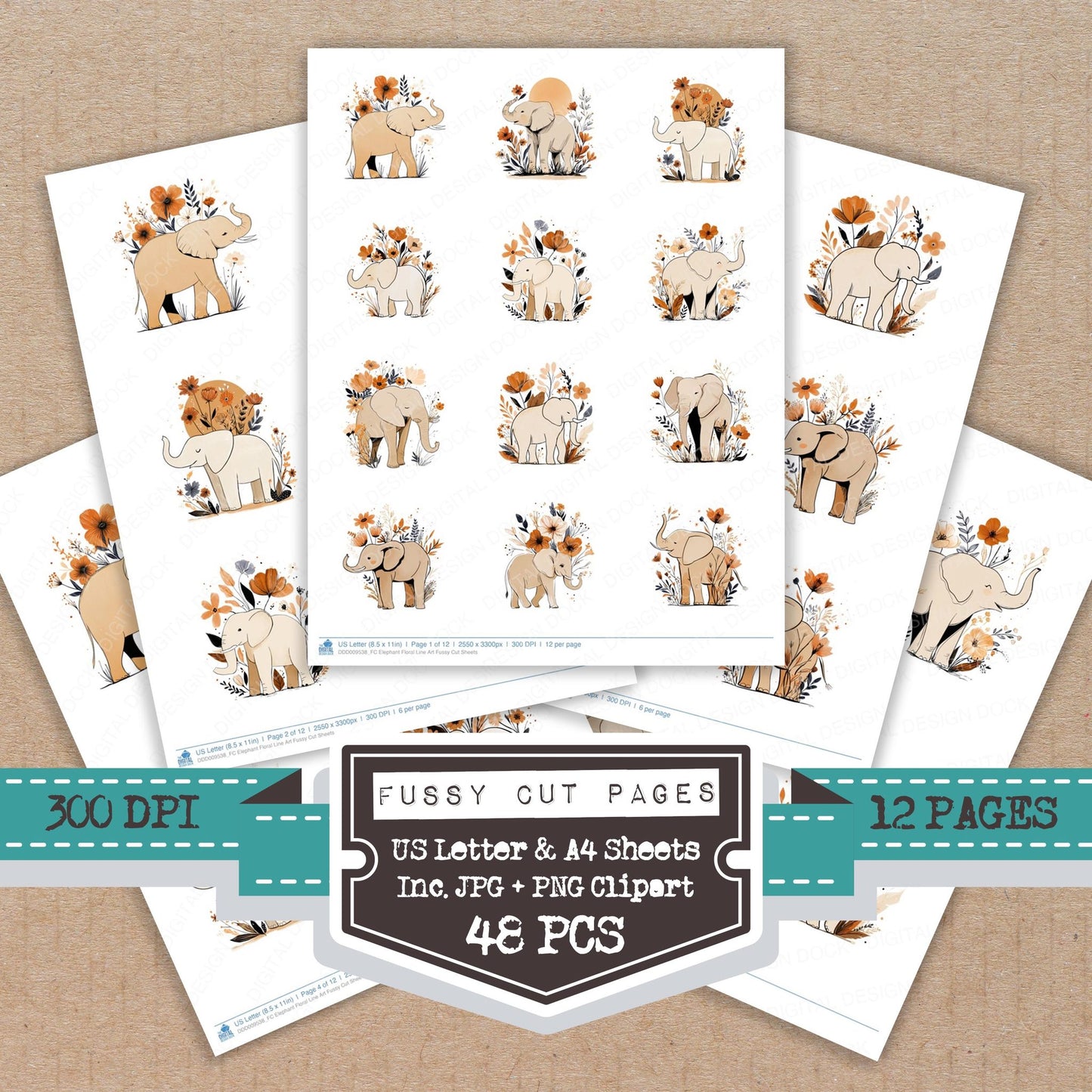 Elephant Floral Line Art fussy cut printable sheets for junk journaling, scrapbooking, and paper craft projects