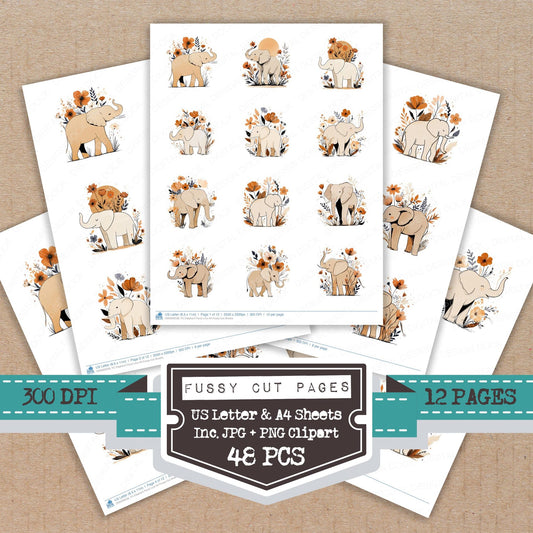 Elephant Floral Line Art fussy cut printable sheets for junk journaling, scrapbooking, and paper craft projects
