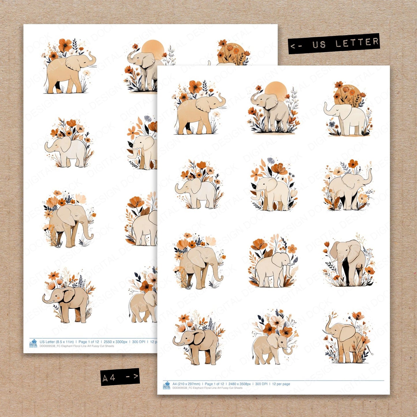 A4 and US Letter format comparison showing Elephant Floral Line Art fussy cut pages for print and cut crafting