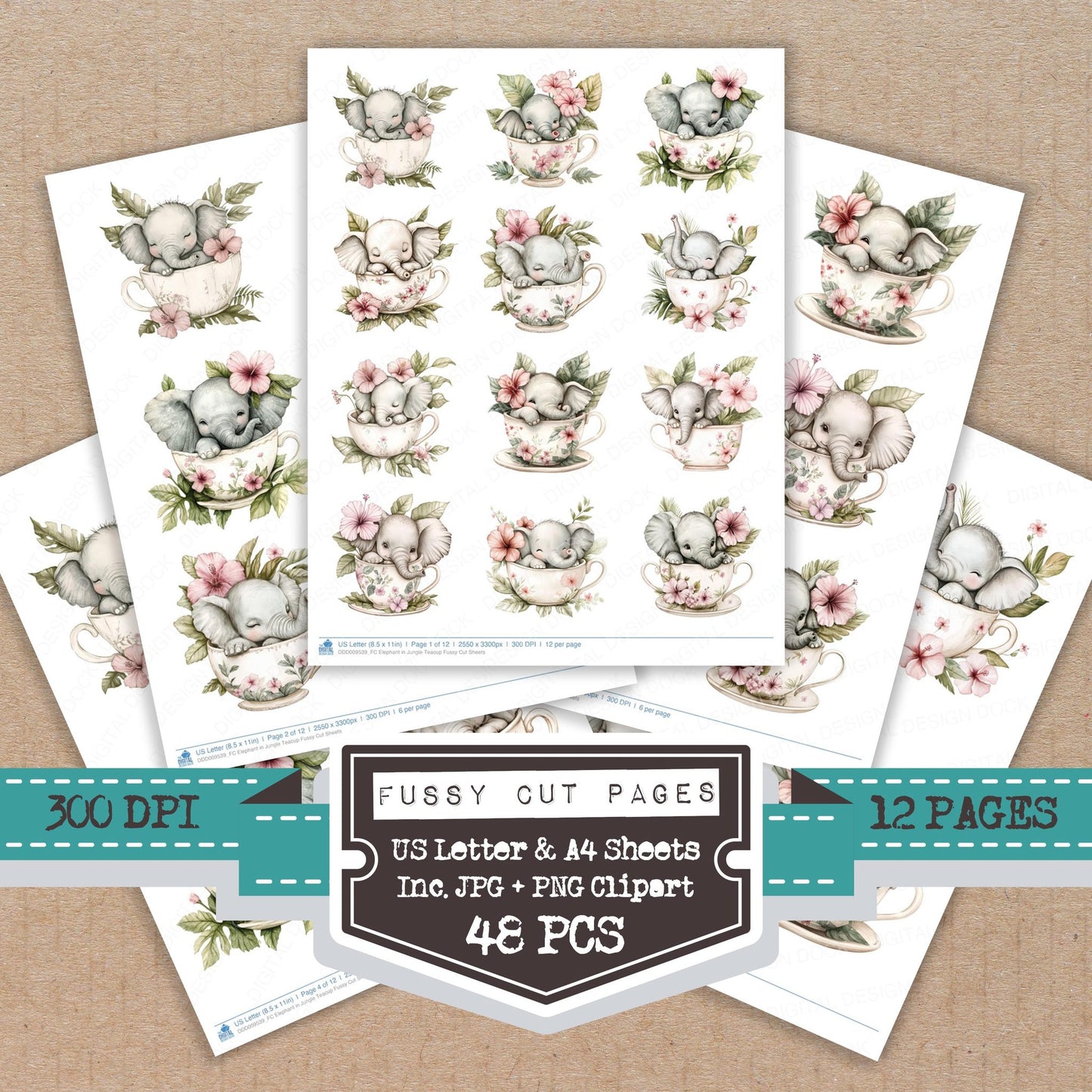 Elephant in Jungle Teacup fussy cut printable sheets for junk journaling, scrapbooking, and paper craft projects