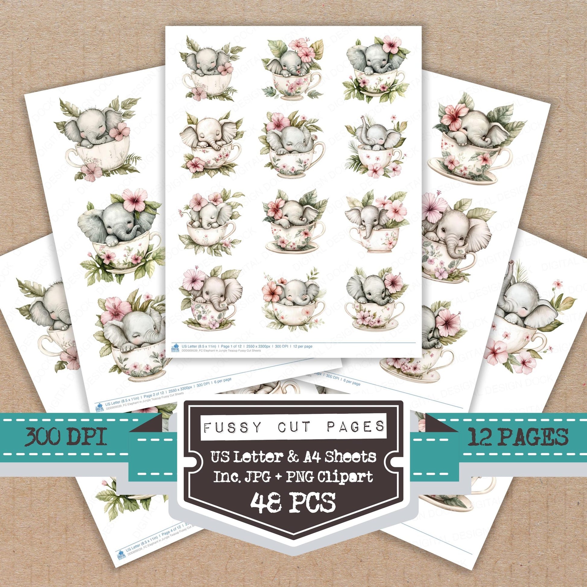 Elephant in Jungle Teacup fussy cut printable sheets for junk journaling, scrapbooking, and paper craft projects