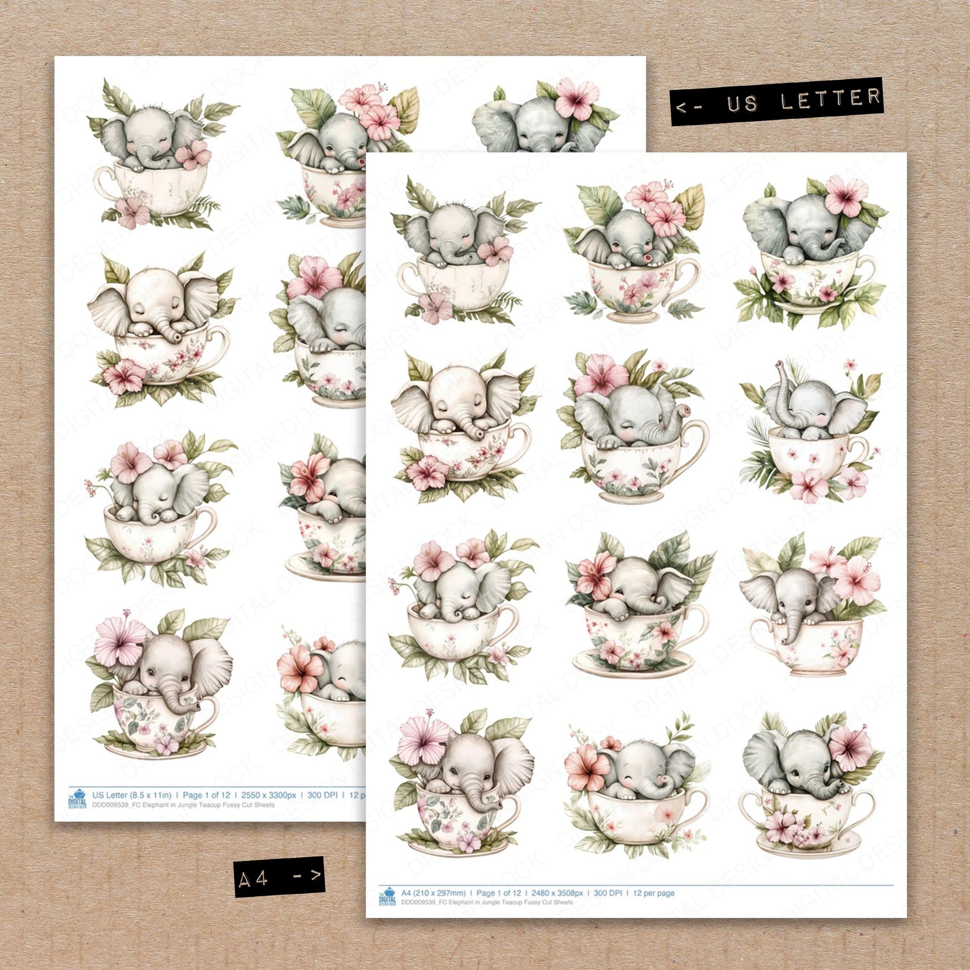 A4 and US Letter format comparison showing Elephant in Jungle Teacup fussy cut pages for print and cut crafting