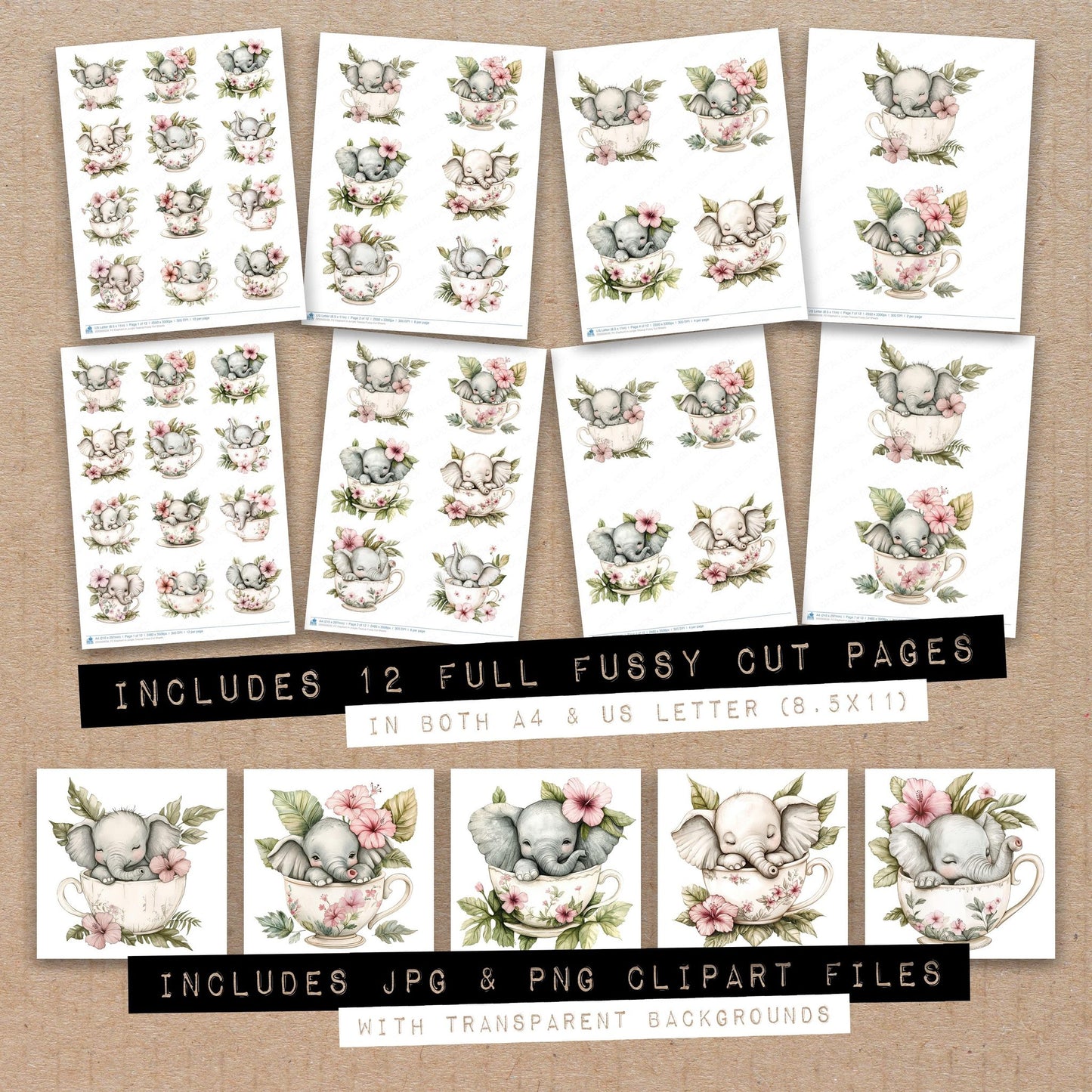Full collection view of Elephant in Jungle Teacup fussy cut sheets with bonus clipart JPG and PNG files