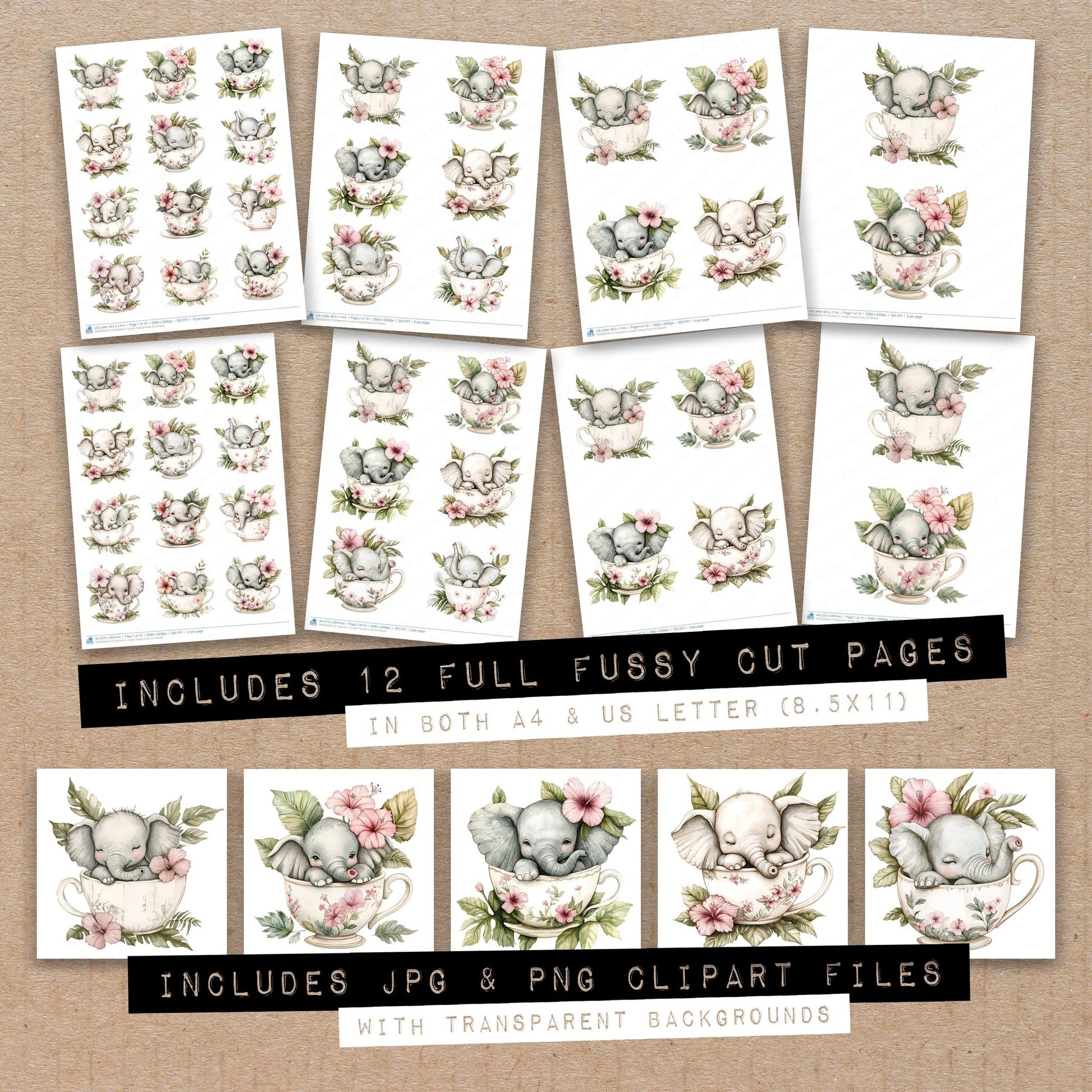 Full collection view of Elephant in Jungle Teacup fussy cut sheets with bonus clipart JPG and PNG files