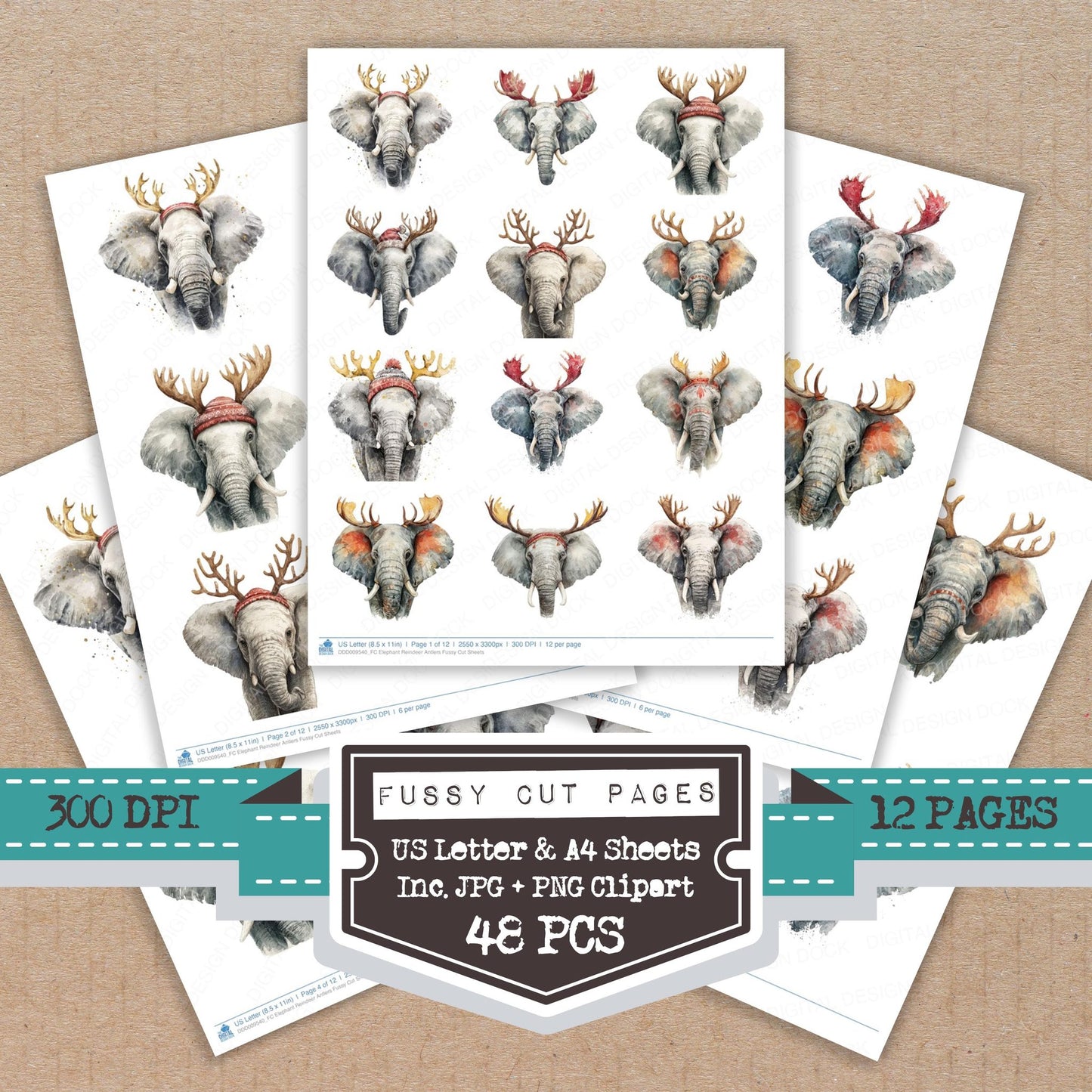 Elephant Reindeer Antlers fussy cut printable sheets for junk journaling, scrapbooking, and paper craft projects