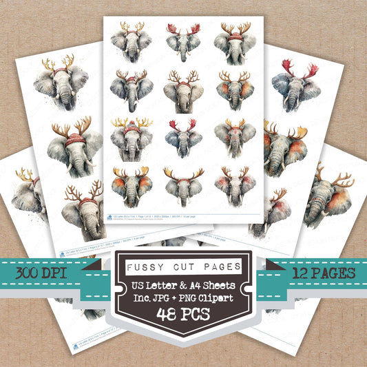 Elephant Reindeer Antlers fussy cut printable sheets for junk journaling, scrapbooking, and paper craft projects