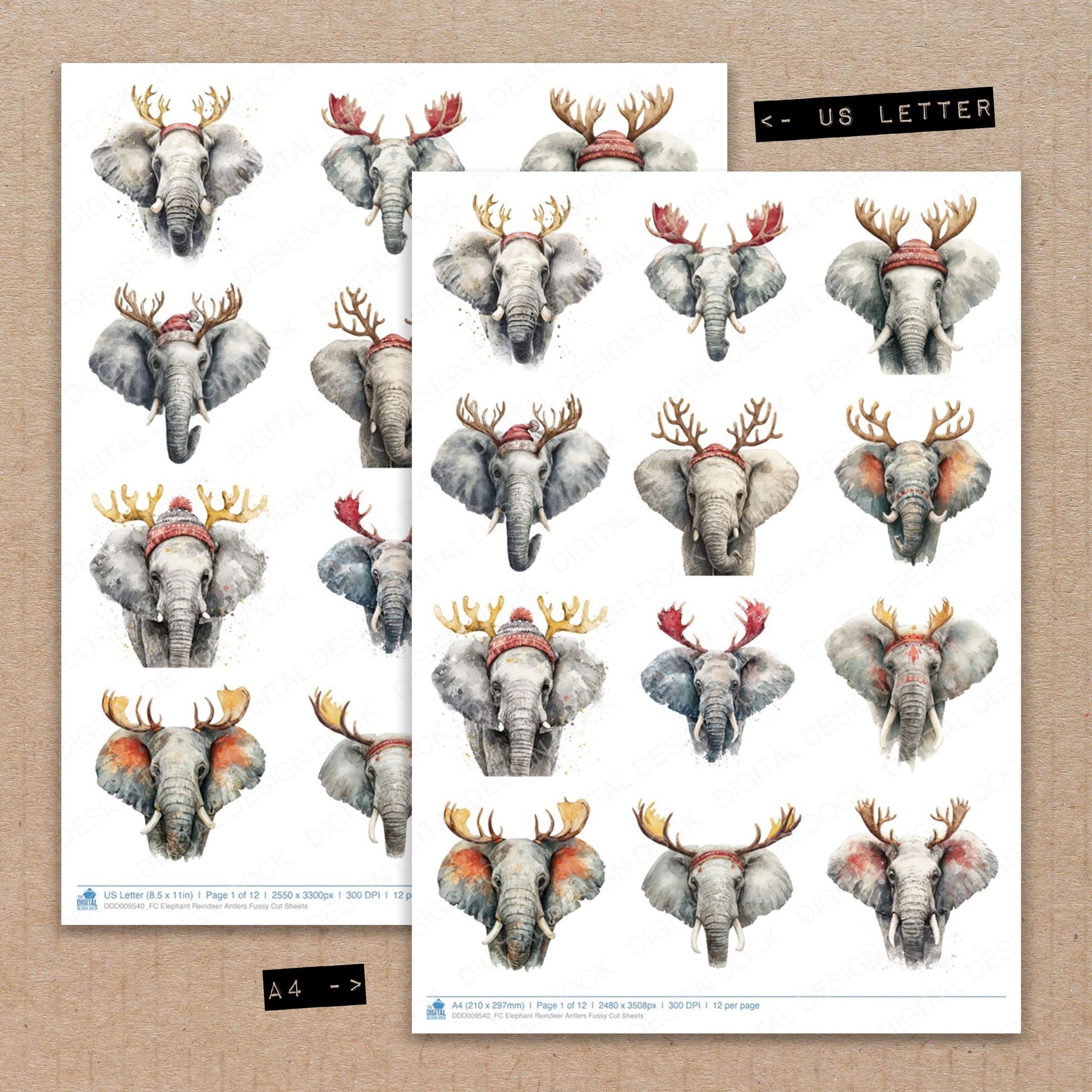 A4 and US Letter format comparison showing Elephant Reindeer Antlers fussy cut pages for print and cut crafting