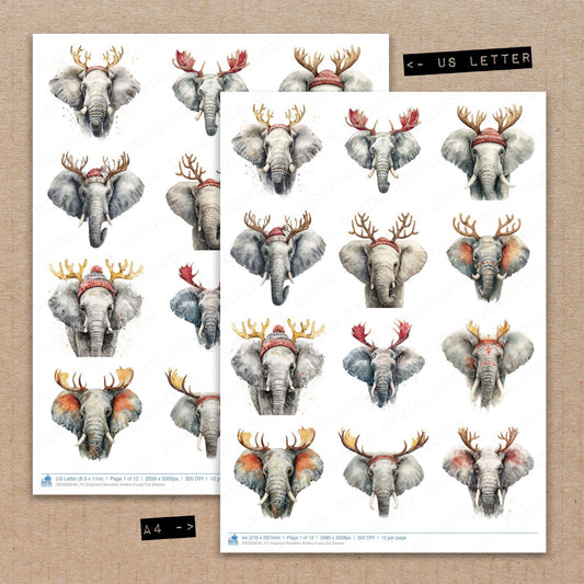 A4 and US Letter format comparison showing Elephant Reindeer Antlers fussy cut pages for print and cut crafting