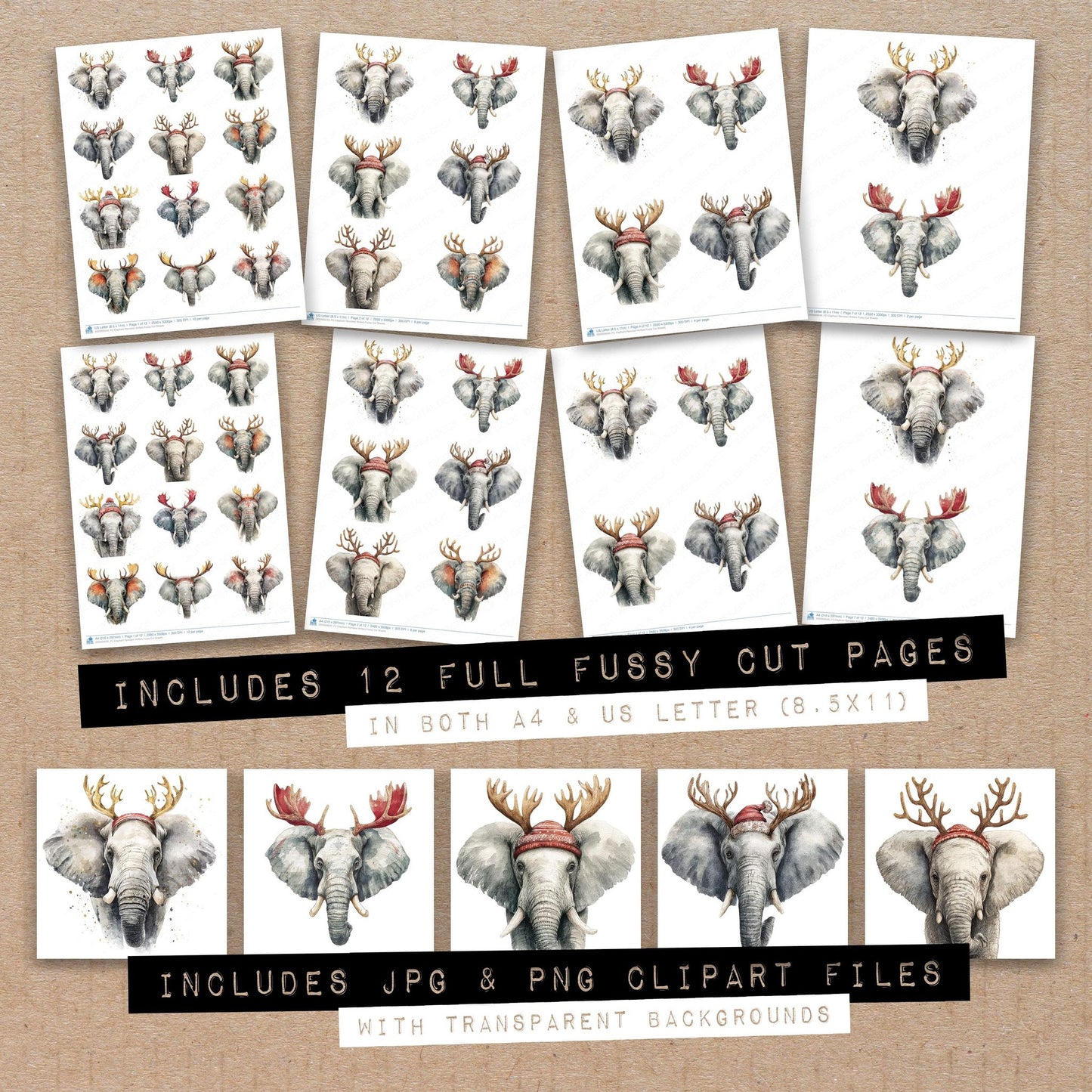 Full collection view of Elephant Reindeer Antlers fussy cut sheets with bonus clipart JPG and PNG files