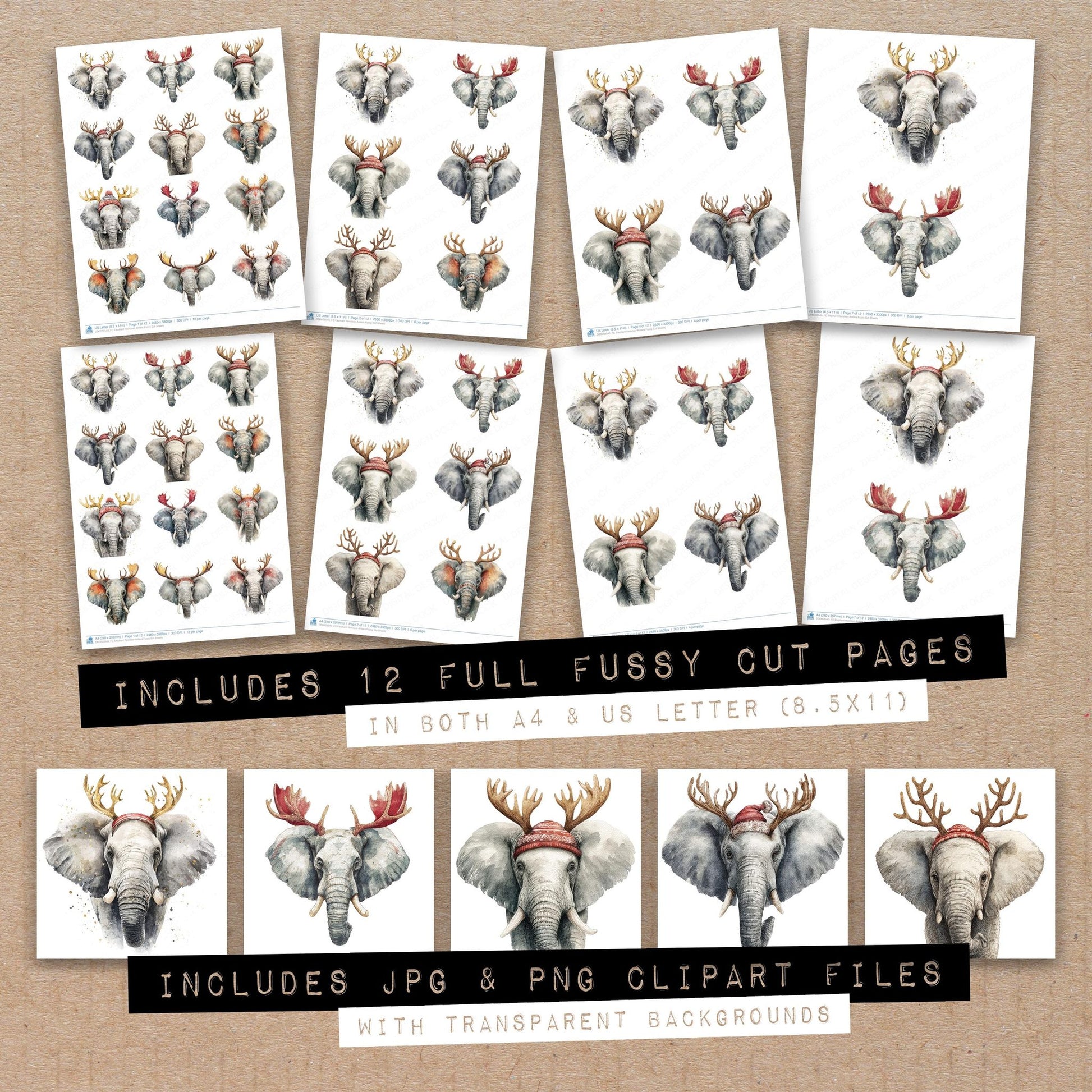 Full collection view of Elephant Reindeer Antlers fussy cut sheets with bonus clipart JPG and PNG files