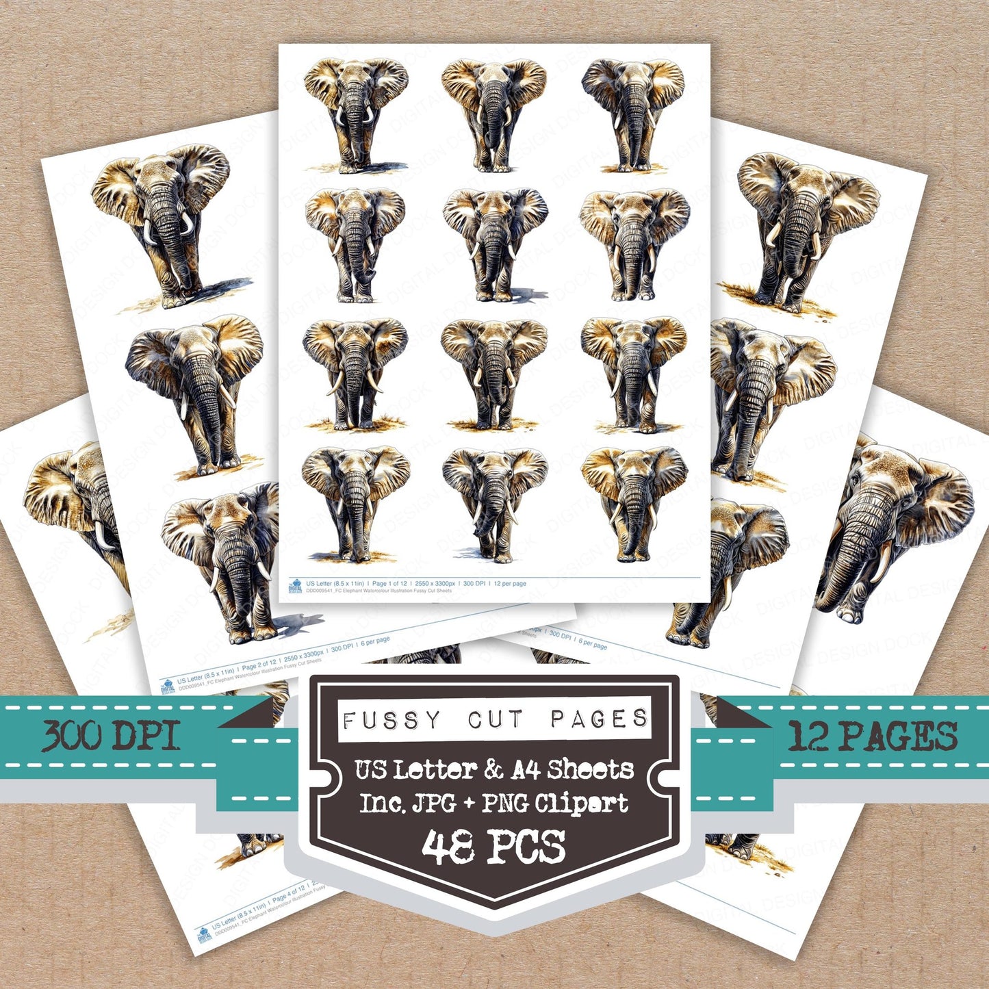 Elephant Watercolour Illustration fussy cut printable sheets for junk journaling, scrapbooking, and paper craft projects