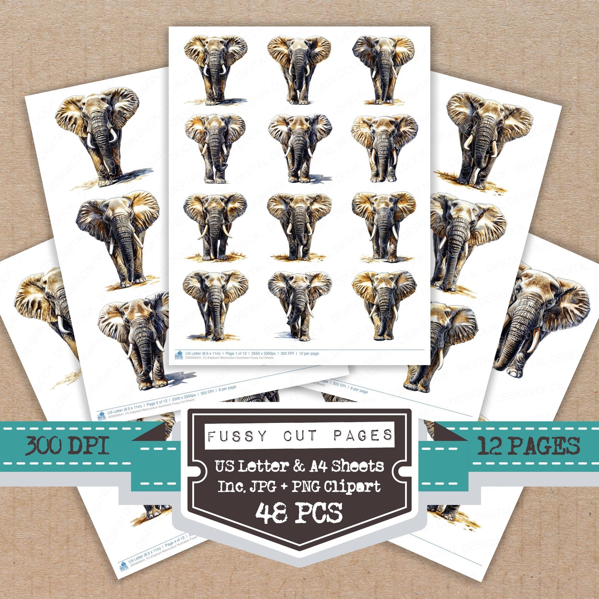 Elephant Watercolour Illustration fussy cut printable sheets for junk journaling, scrapbooking, and paper craft projects
