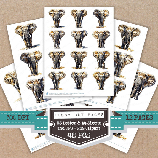 Elephant Watercolour Illustration fussy cut printable sheets for junk journaling, scrapbooking, and paper craft projects
