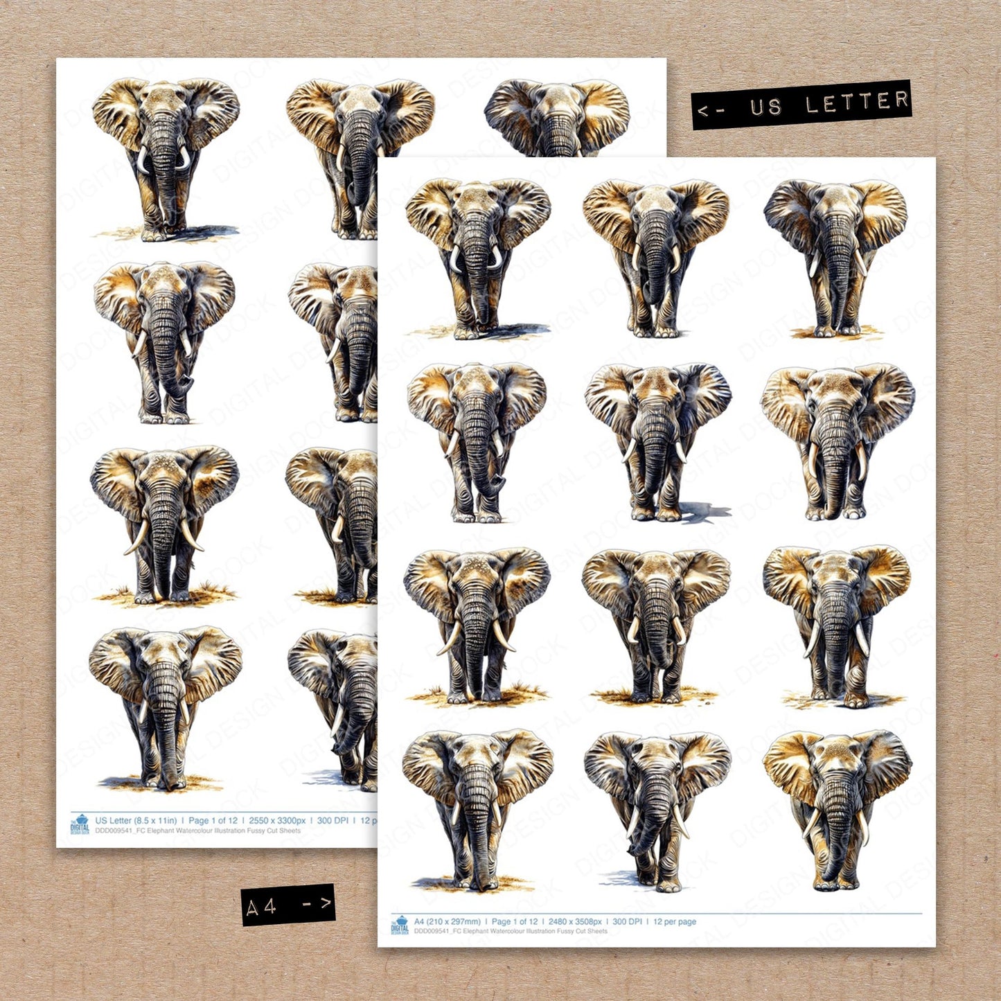 A4 and US Letter format comparison showing Elephant Watercolour Illustration fussy cut pages for print and cut crafting