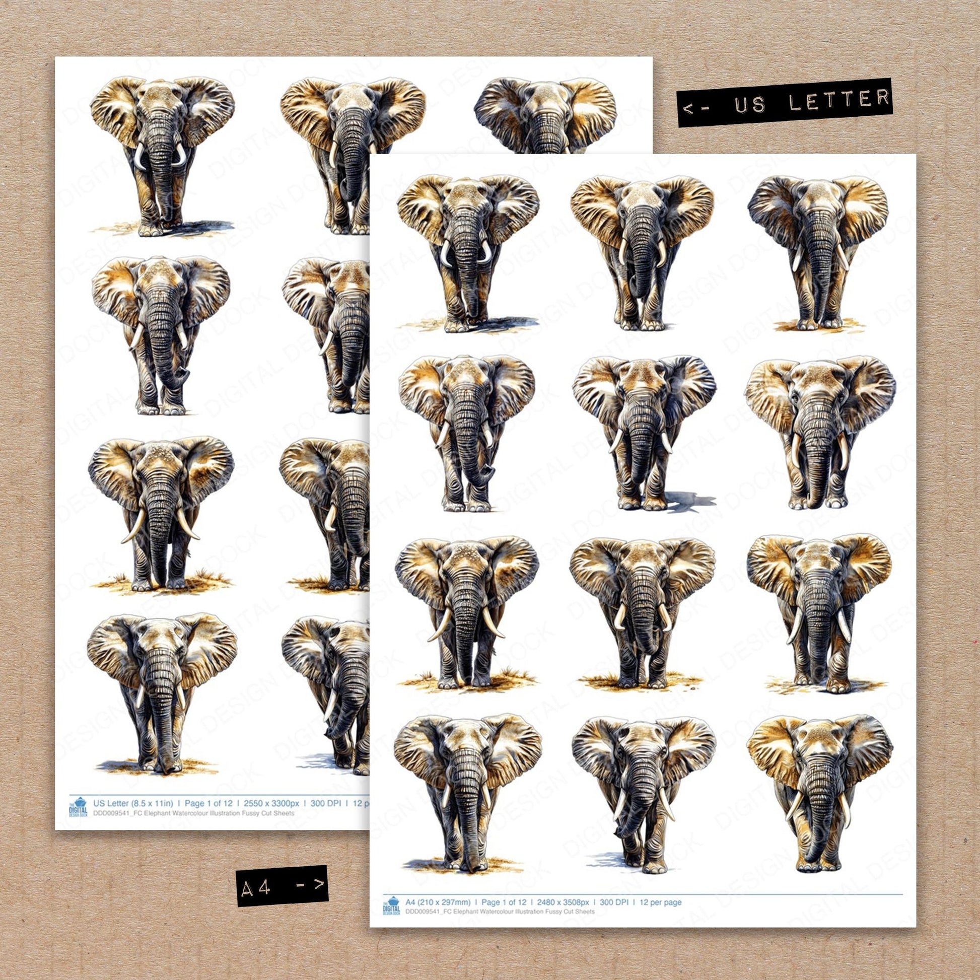 A4 and US Letter format comparison showing Elephant Watercolour Illustration fussy cut pages for print and cut crafting