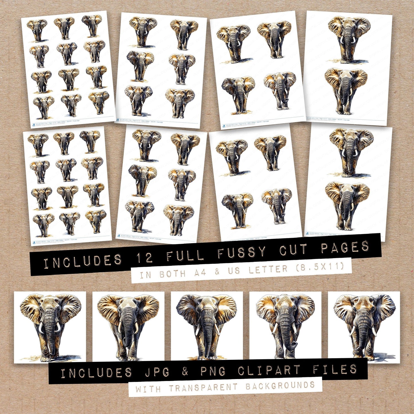 Full collection view of Elephant Watercolour Illustration fussy cut sheets with bonus clipart JPG and PNG files