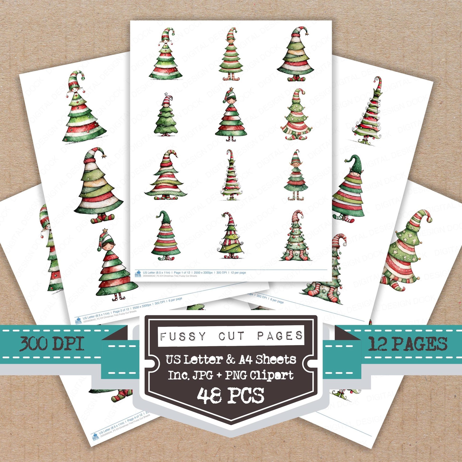 Elf Christmas Tree fussy cut printable sheets for junk journaling, scrapbooking, and paper craft projects
