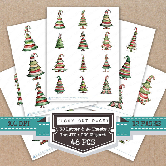 Elf Christmas Tree fussy cut printable sheets for junk journaling, scrapbooking, and paper craft projects