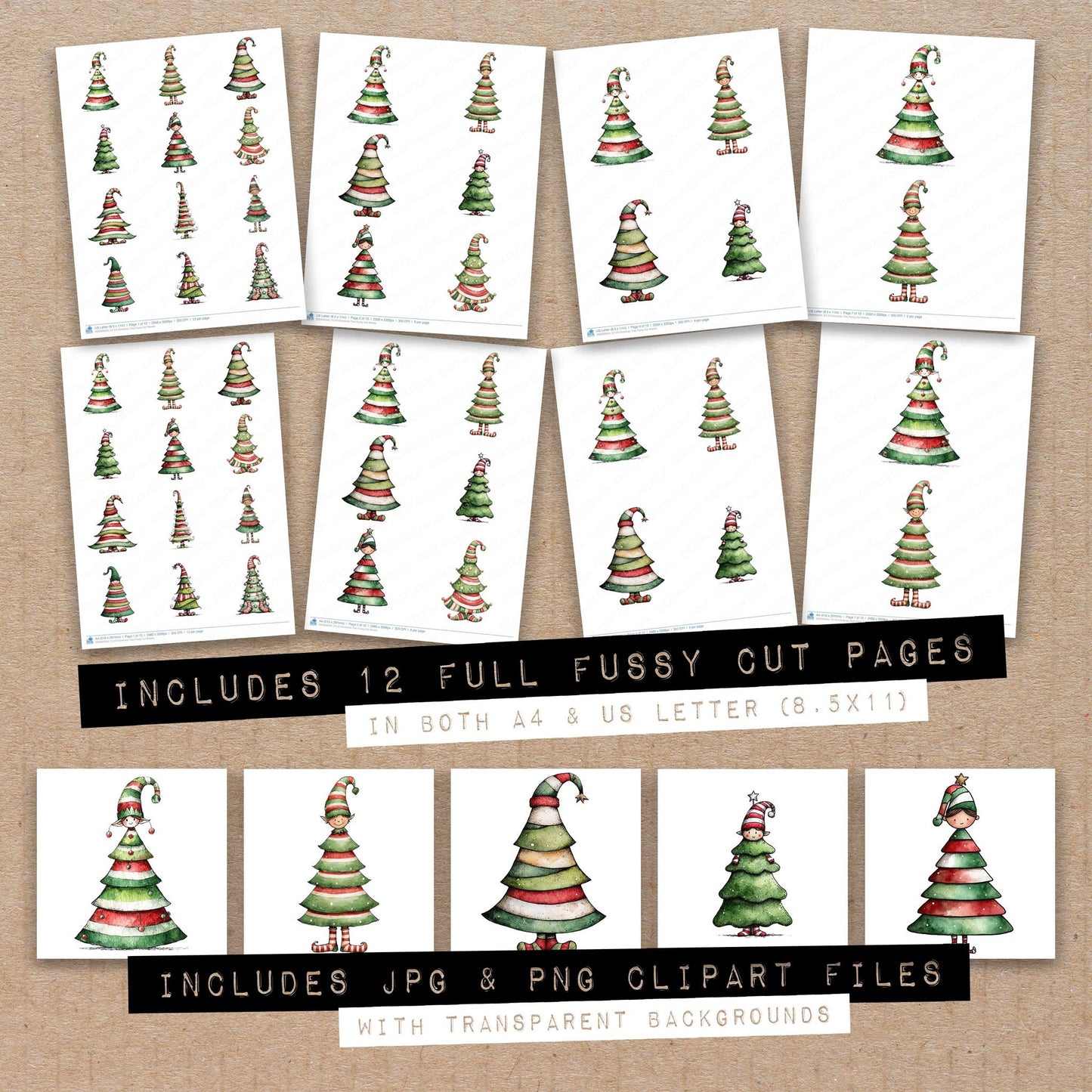 Full collection view of Elf Christmas Tree fussy cut sheets with bonus clipart JPG and PNG files