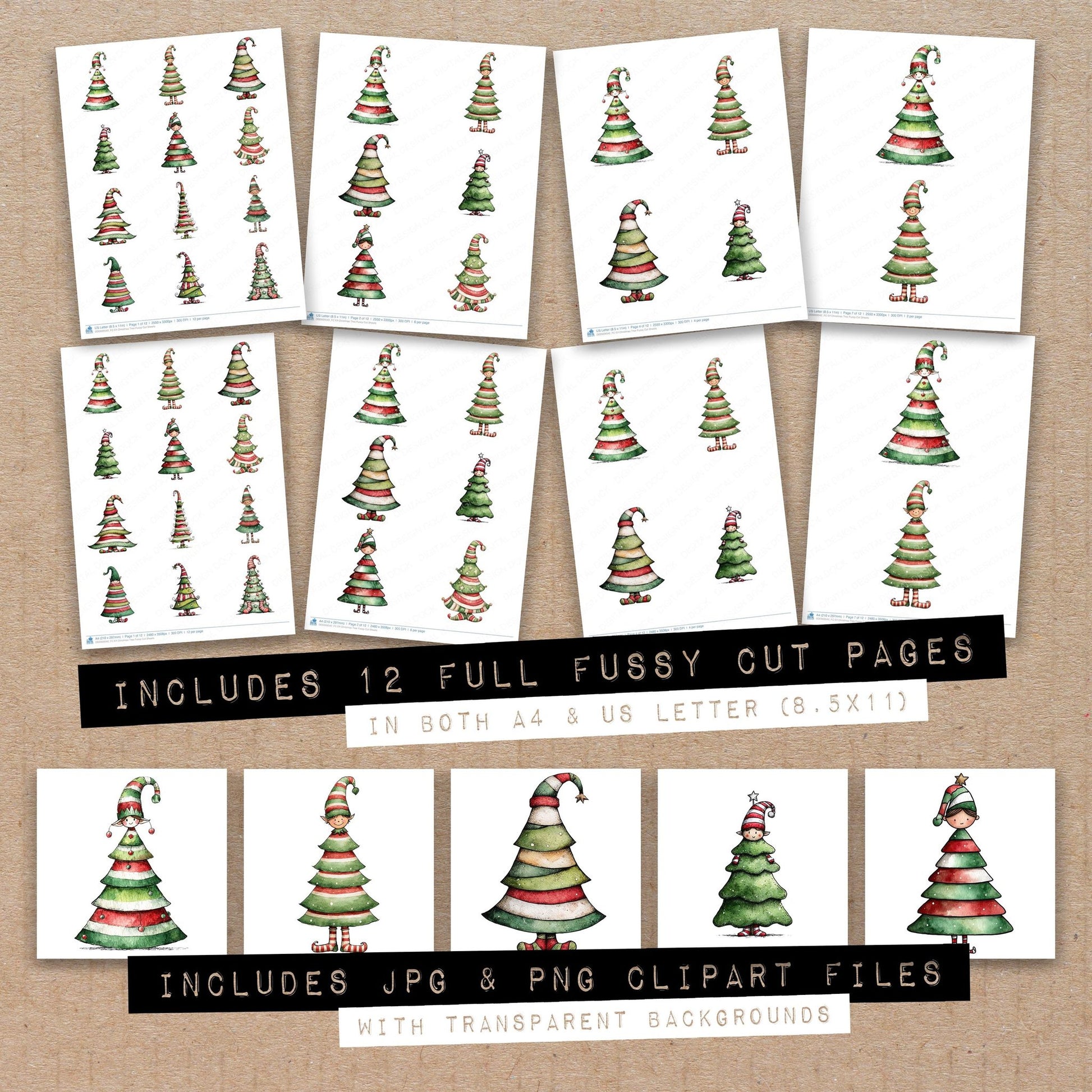 Full collection view of Elf Christmas Tree fussy cut sheets with bonus clipart JPG and PNG files