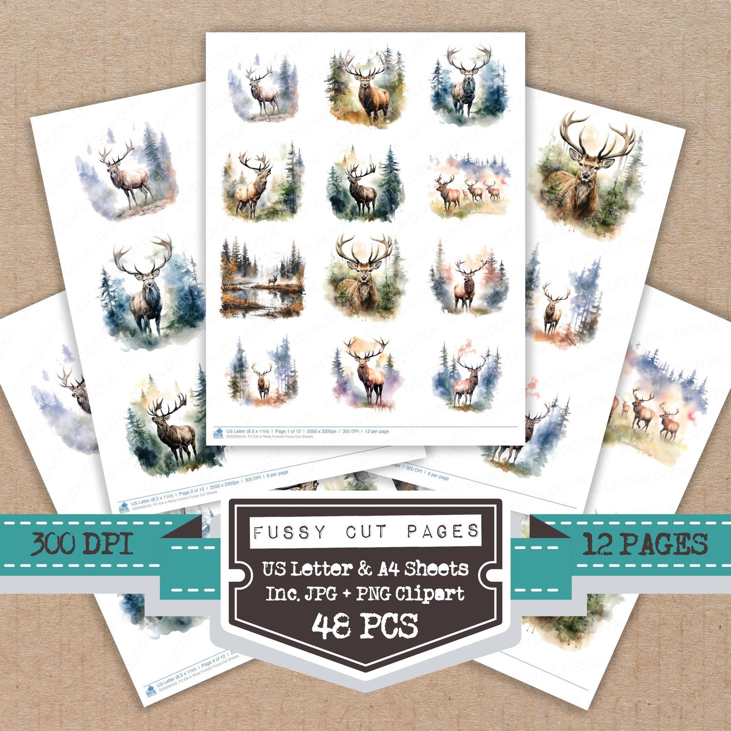 Elk in Misty Forests fussy cut printable sheets for junk journaling, scrapbooking, and paper craft projects