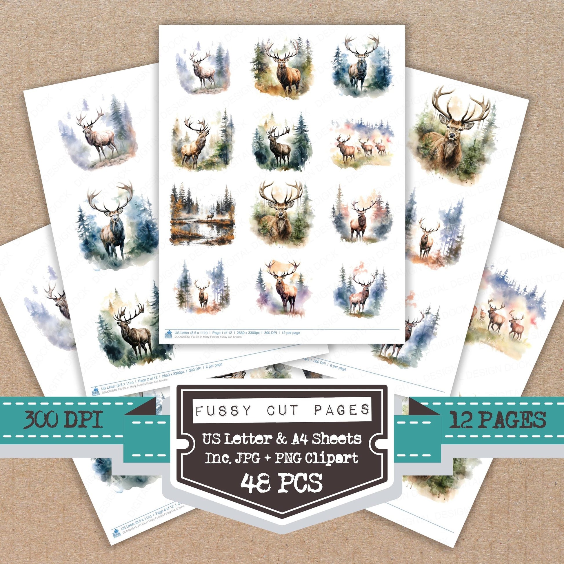 Elk in Misty Forests fussy cut printable sheets for junk journaling, scrapbooking, and paper craft projects