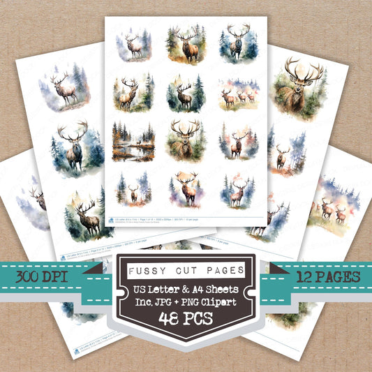 Elk in Misty Forests fussy cut printable sheets for junk journaling, scrapbooking, and paper craft projects
