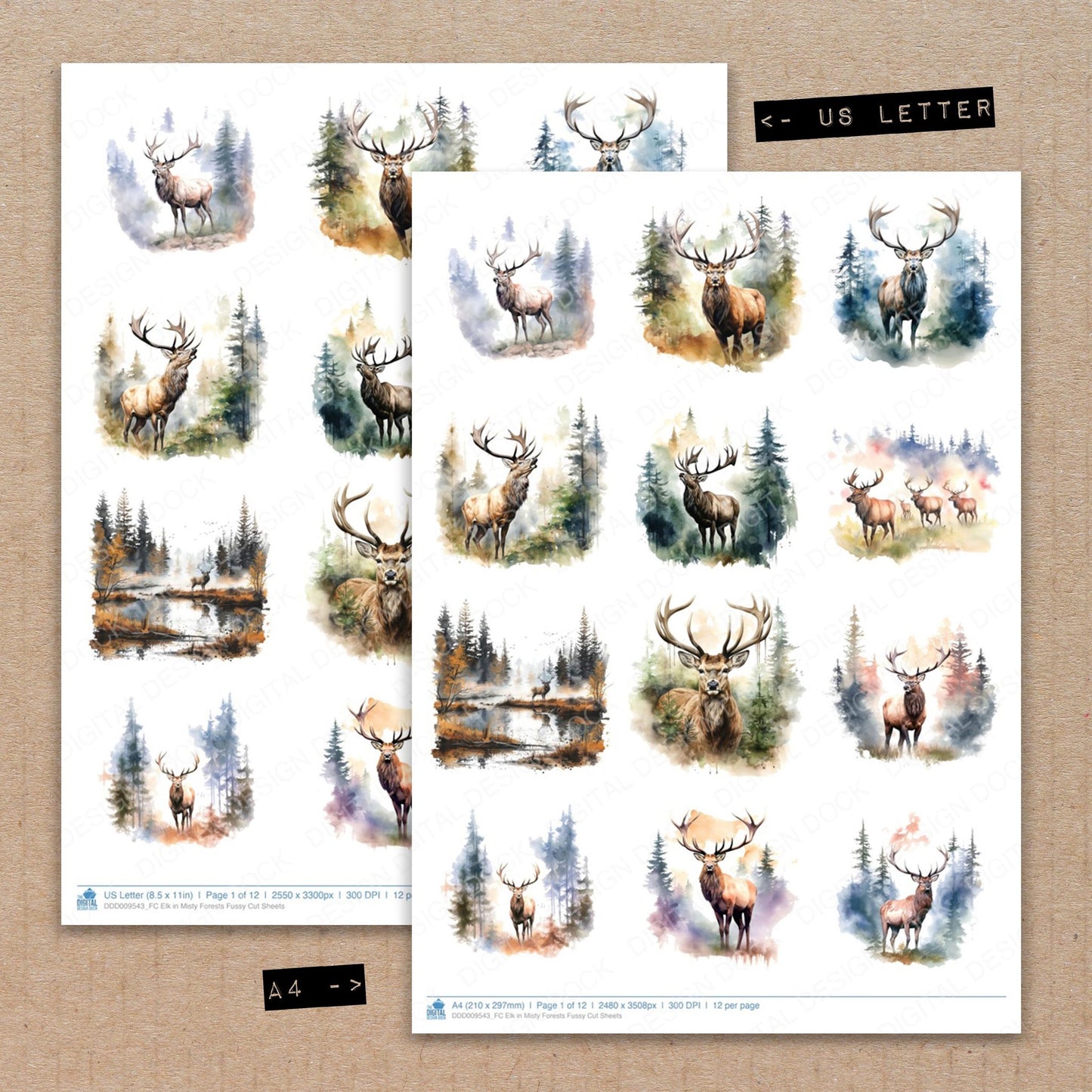 A4 and US Letter format comparison showing Elk in Misty Forests fussy cut pages for print and cut crafting