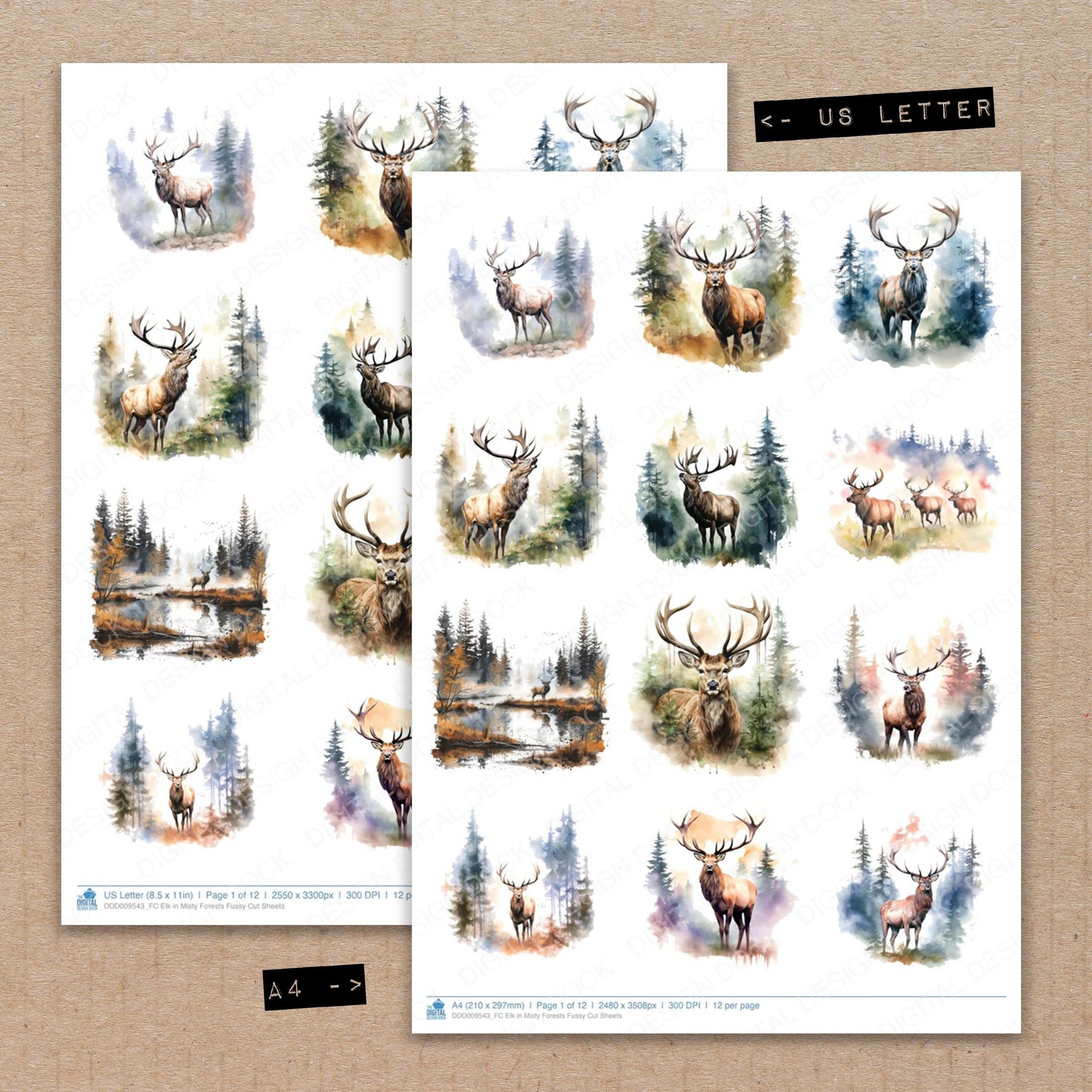 A4 and US Letter format comparison showing Elk in Misty Forests fussy cut pages for print and cut crafting