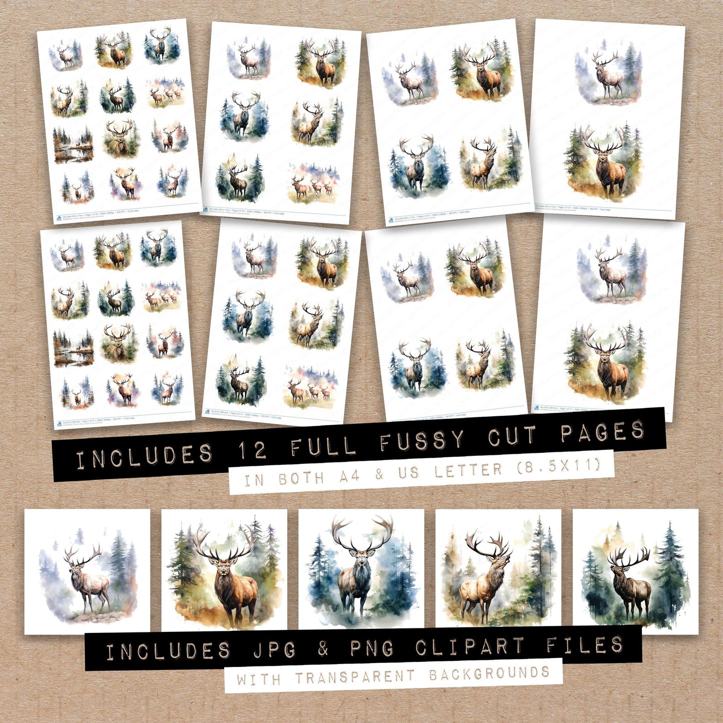 Full collection view of Elk in Misty Forests fussy cut sheets with bonus clipart JPG and PNG files