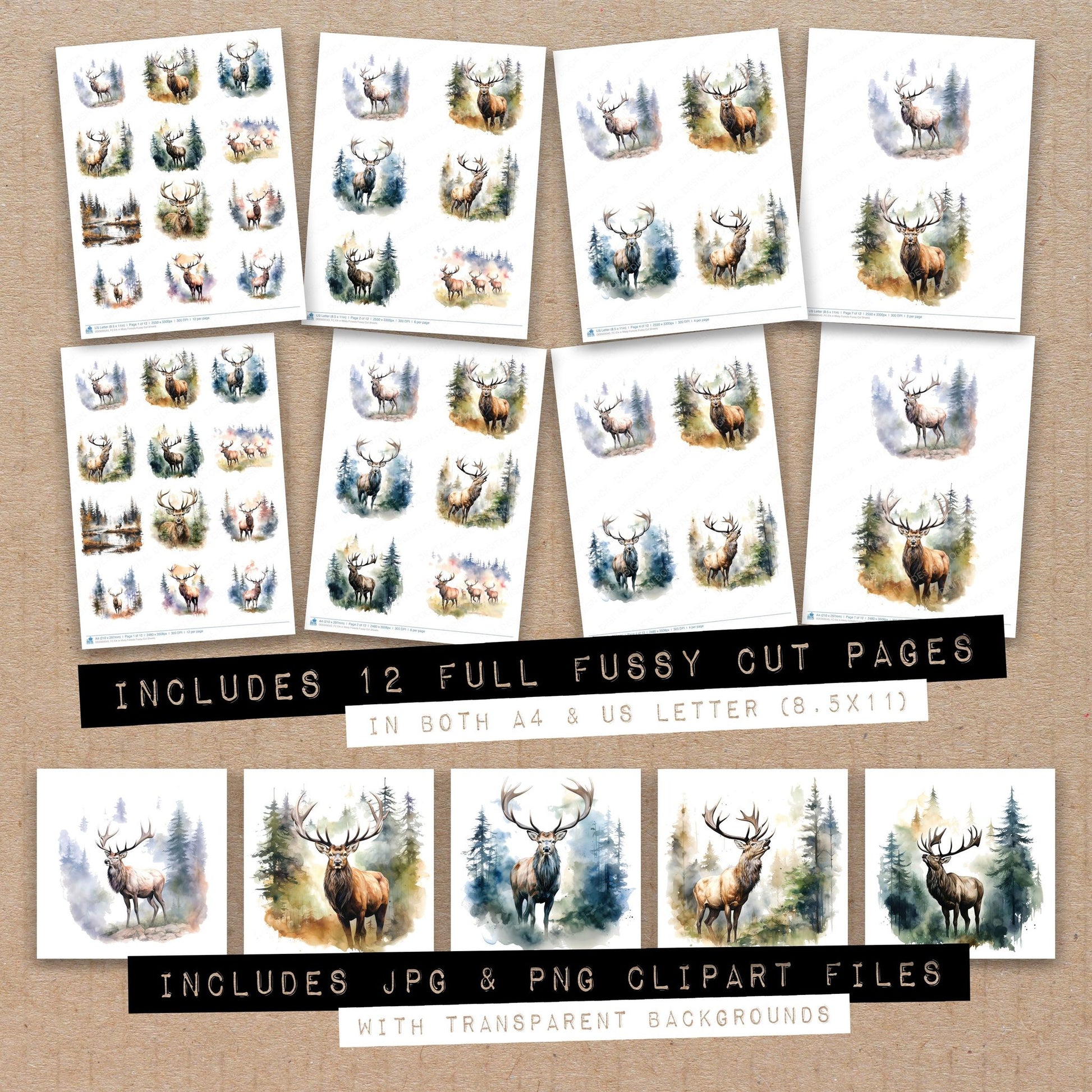 Full collection view of Elk in Misty Forests fussy cut sheets with bonus clipart JPG and PNG files