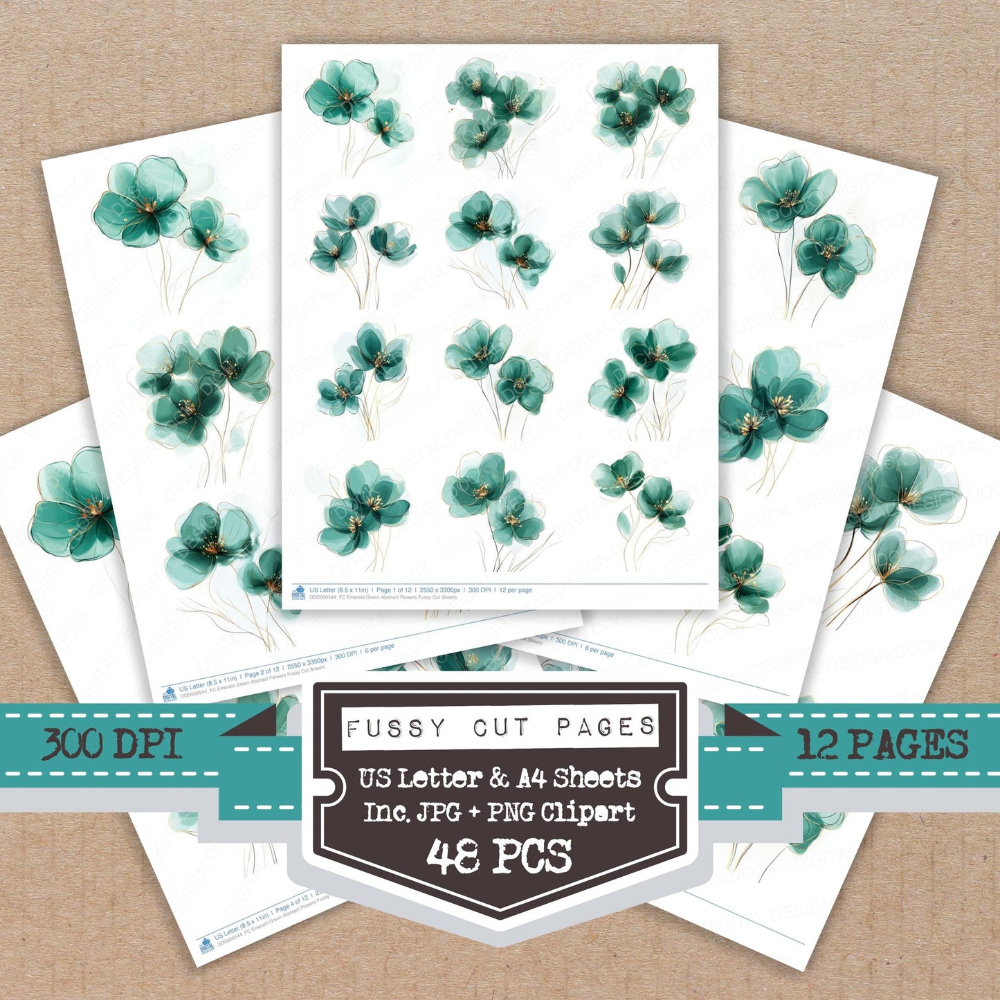Emerald Green Abstract Flowers fussy cut printable sheets for junk journaling, scrapbooking, and paper craft projects