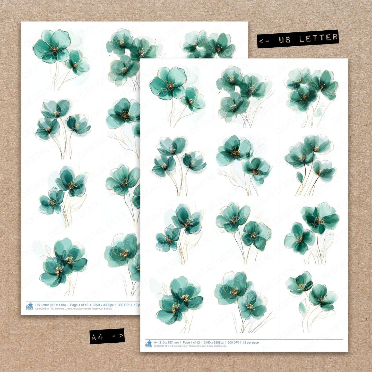 A4 and US Letter format comparison showing Emerald Green Abstract Flowers fussy cut pages for print and cut crafting