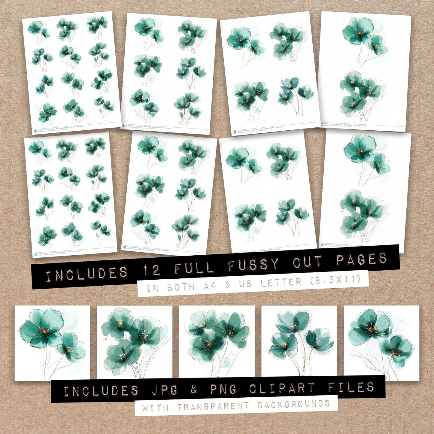 Full collection view of Emerald Green Abstract Flowers fussy cut sheets with bonus clipart JPG and PNG files