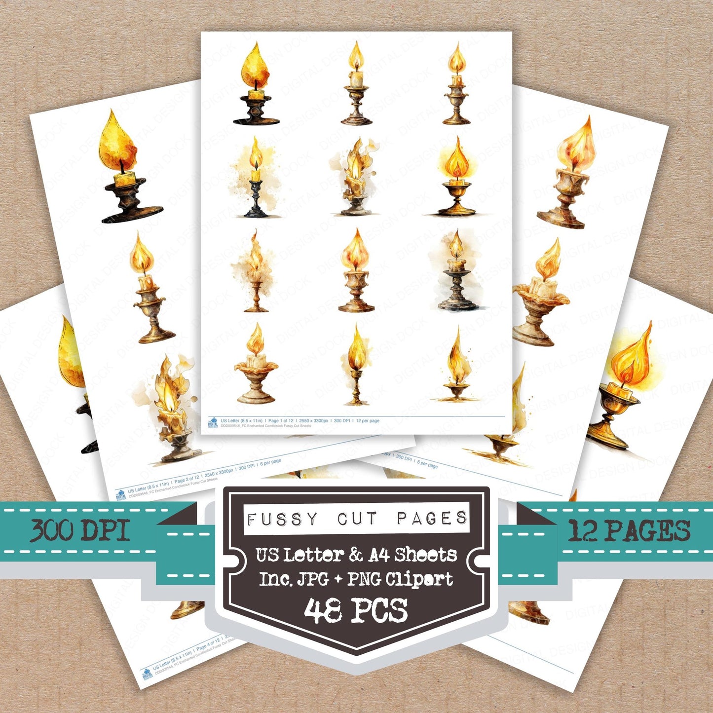 Enchanted Candlestick fussy cut printable sheets for junk journaling, scrapbooking, and paper craft projects