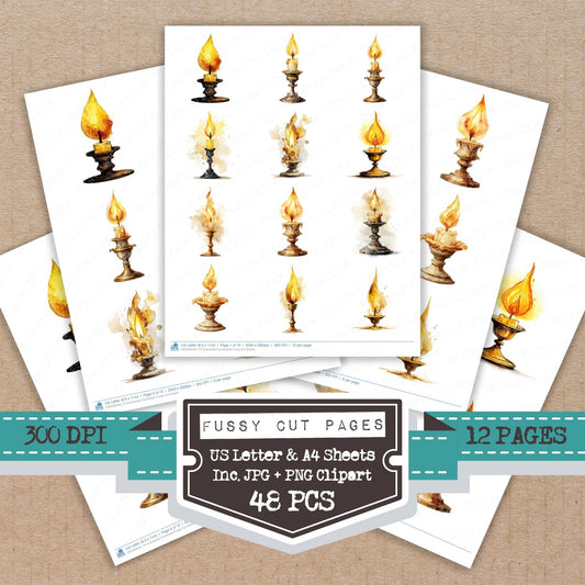 Enchanted Candlestick fussy cut printable sheets for junk journaling, scrapbooking, and paper craft projects