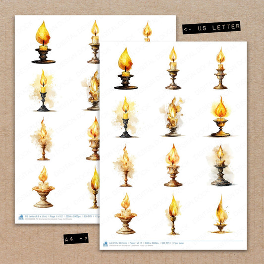 A4 and US Letter format comparison showing Enchanted Candlestick fussy cut pages for print and cut crafting