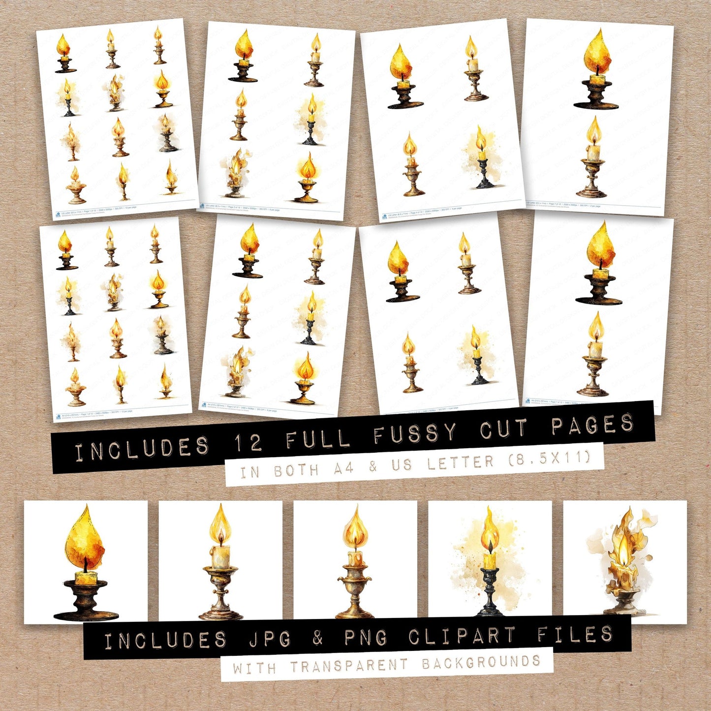 Full collection view of Enchanted Candlestick fussy cut sheets with bonus clipart JPG and PNG files