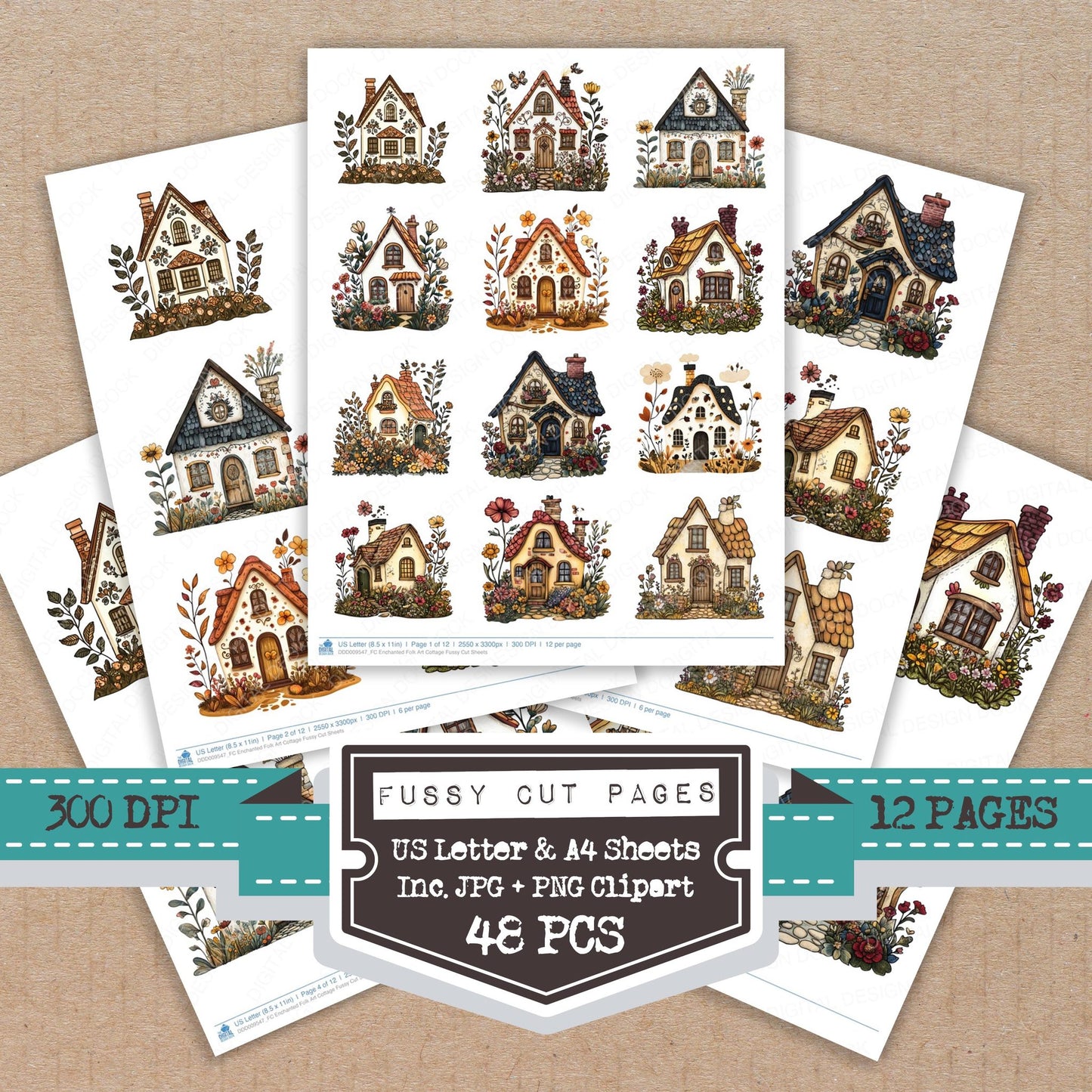 Enchanted Folk Art Cottage fussy cut printable sheets for junk journaling, scrapbooking, and paper craft projects