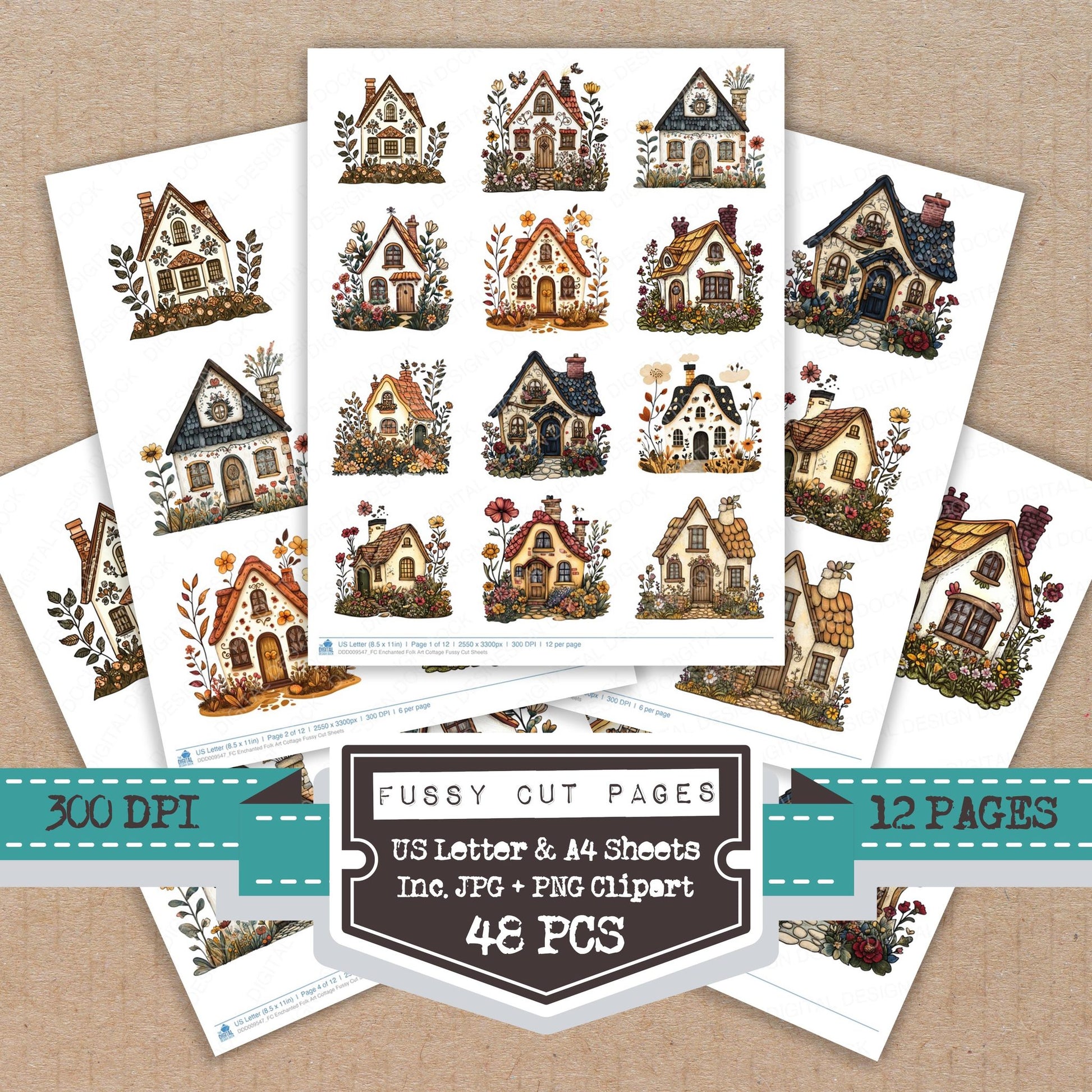 Enchanted Folk Art Cottage fussy cut printable sheets for junk journaling, scrapbooking, and paper craft projects