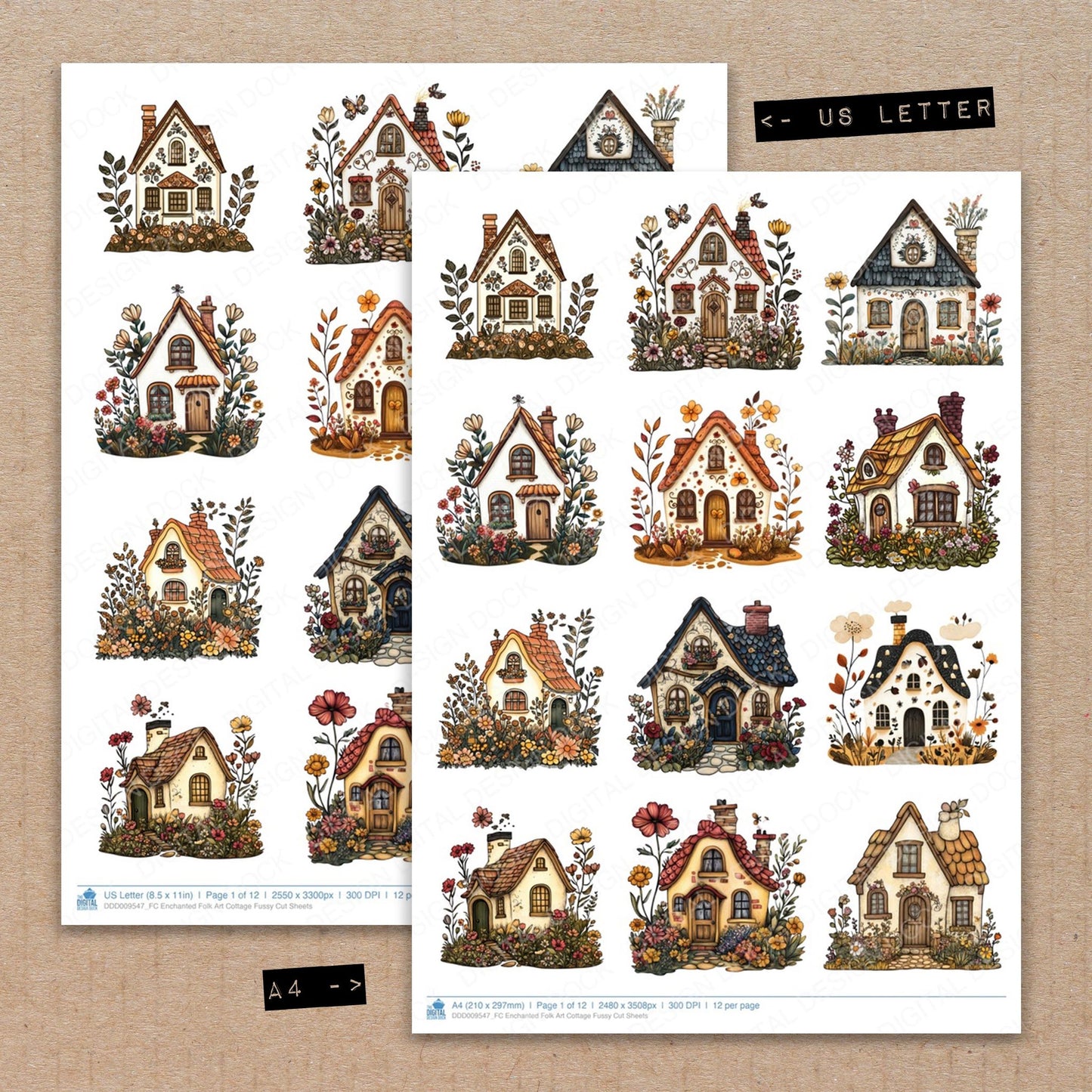 A4 and US Letter format comparison showing Enchanted Folk Art Cottage fussy cut pages for print and cut crafting