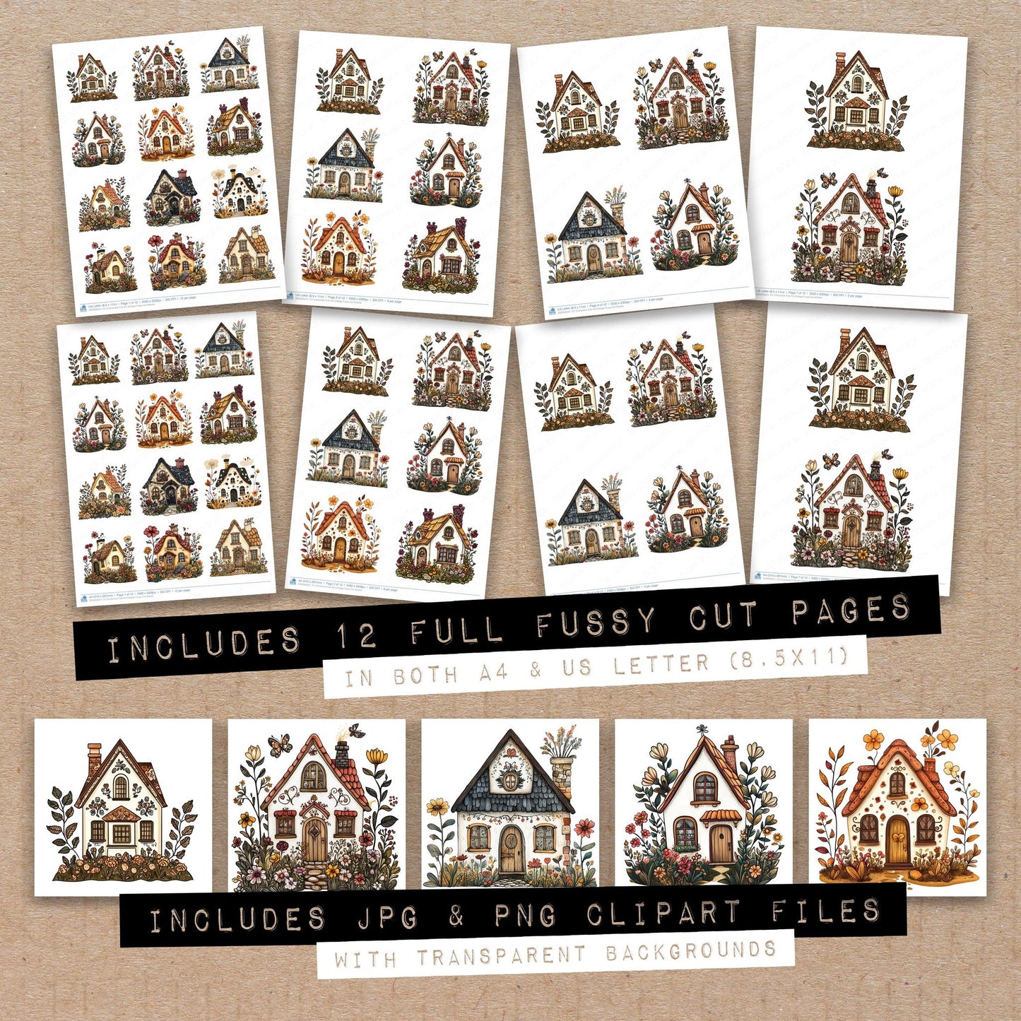 Full collection view of Enchanted Folk Art Cottage fussy cut sheets with bonus clipart JPG and PNG files