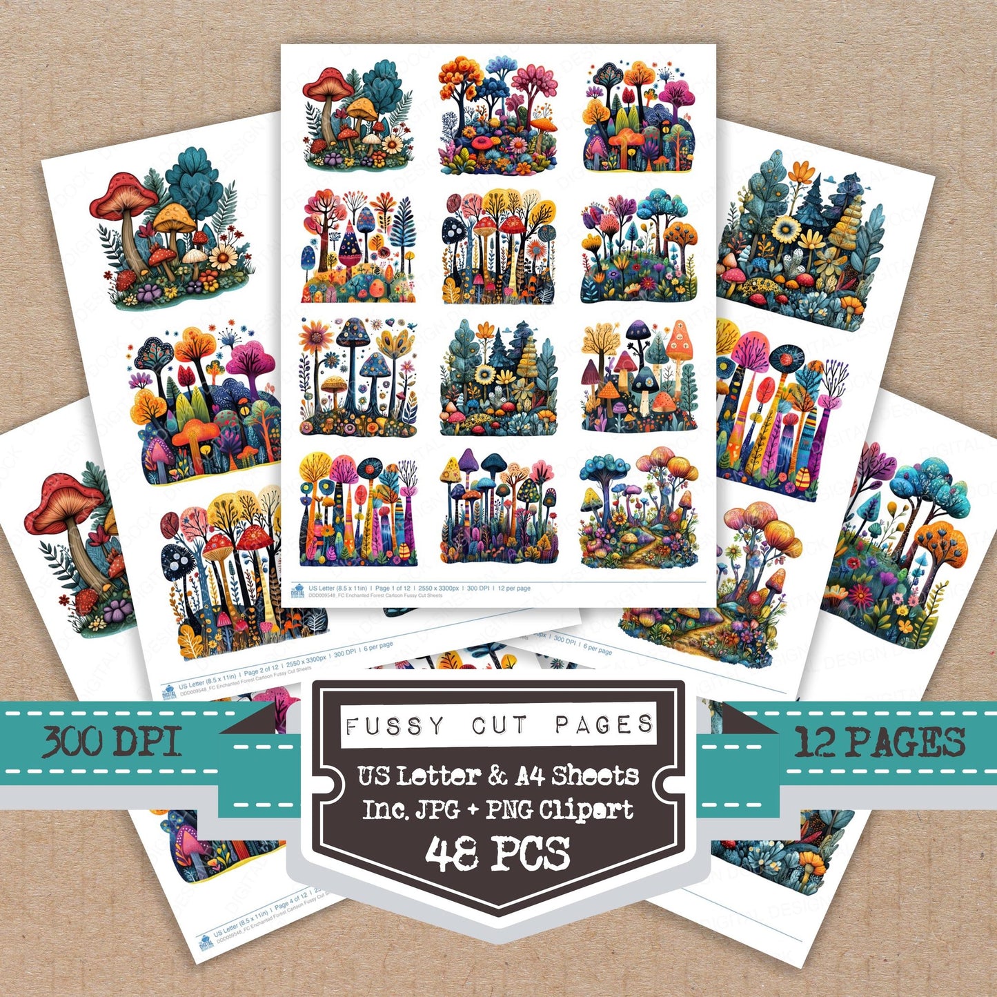 Enchanted Forest Cartoon fussy cut printable sheets for junk journaling, scrapbooking, and paper craft projects